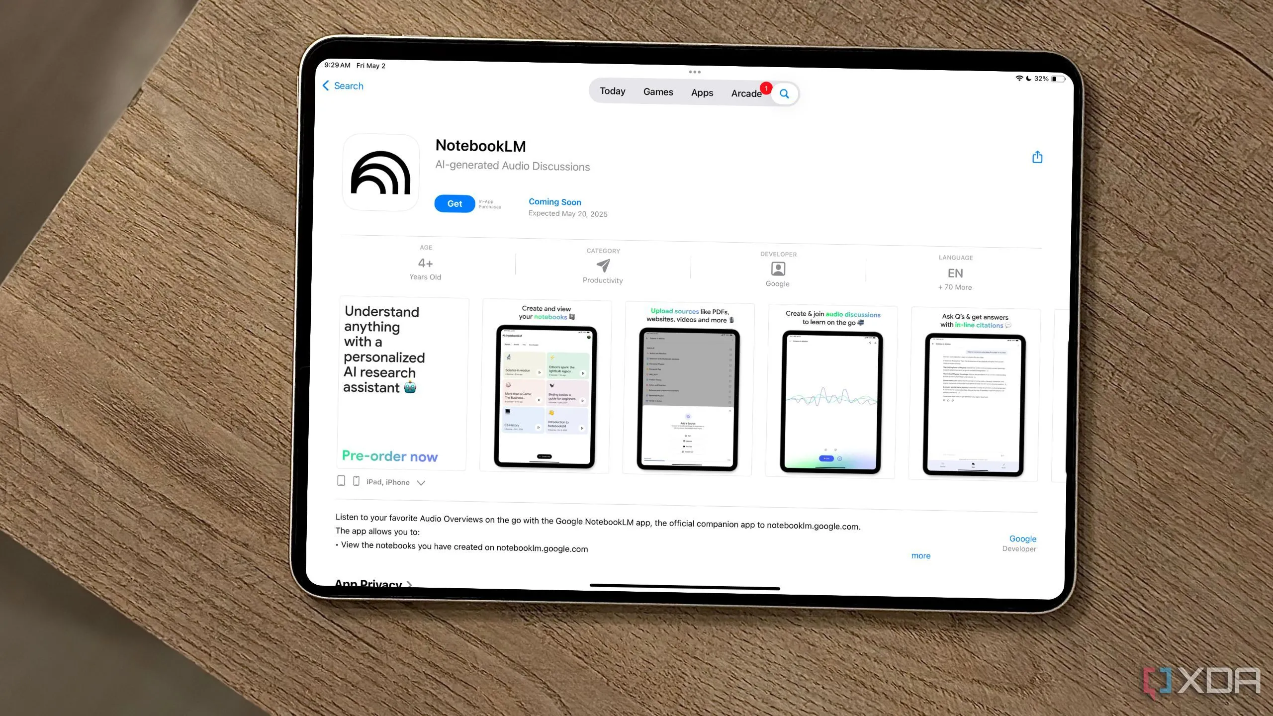Hình ảnh ứng dụng NotebookLM trên App Store, giới thiệu khả năng tải lên tài liệu