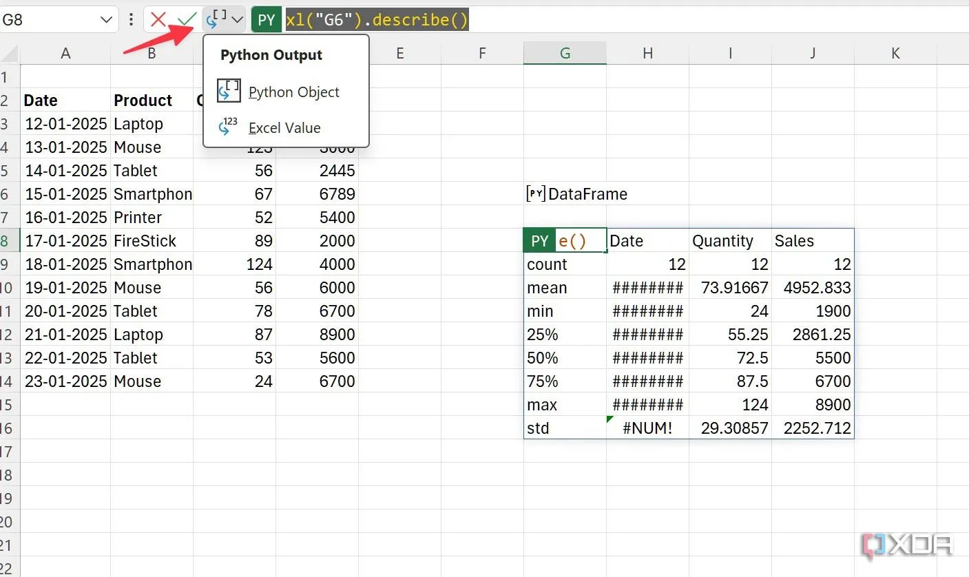 Hướng dẫn thay đổi kiểu đầu ra của dữ liệu Python trong Excel, từ đối tượng Python sang giá trị Excel.