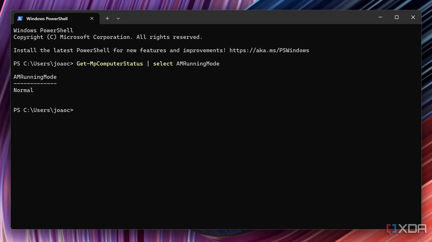 Kết quả kiểm tra trạng thái Microsoft Defender trong Windows Terminal hiển thị 'Normal'