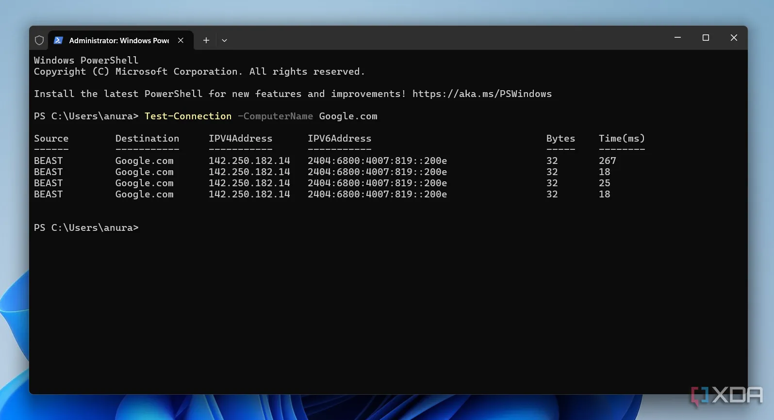 Kết quả lệnh Test-Connection trong PowerShell kiểm tra khả năng kết nối đến một máy chủ từ xa