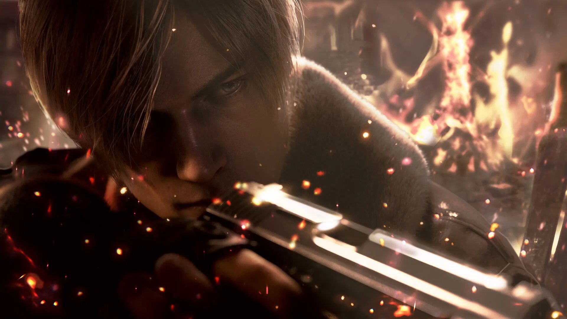 Leon Kennedy trong game Resident Evil 4, minh họa một tựa game kinh dị có sự thay đổi nhạc nền và các điểm lưu quan trọng.