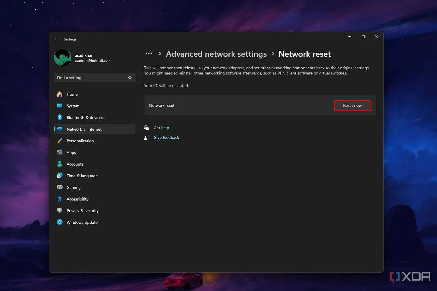 Màn hình cài đặt Mạng &amp; Internet trong Windows 11, làm nổi bật nút &quot;Đặt lại ngay&quot; trên trang Đặt lại mạng, giúp khắc phục sự cố kết nối.