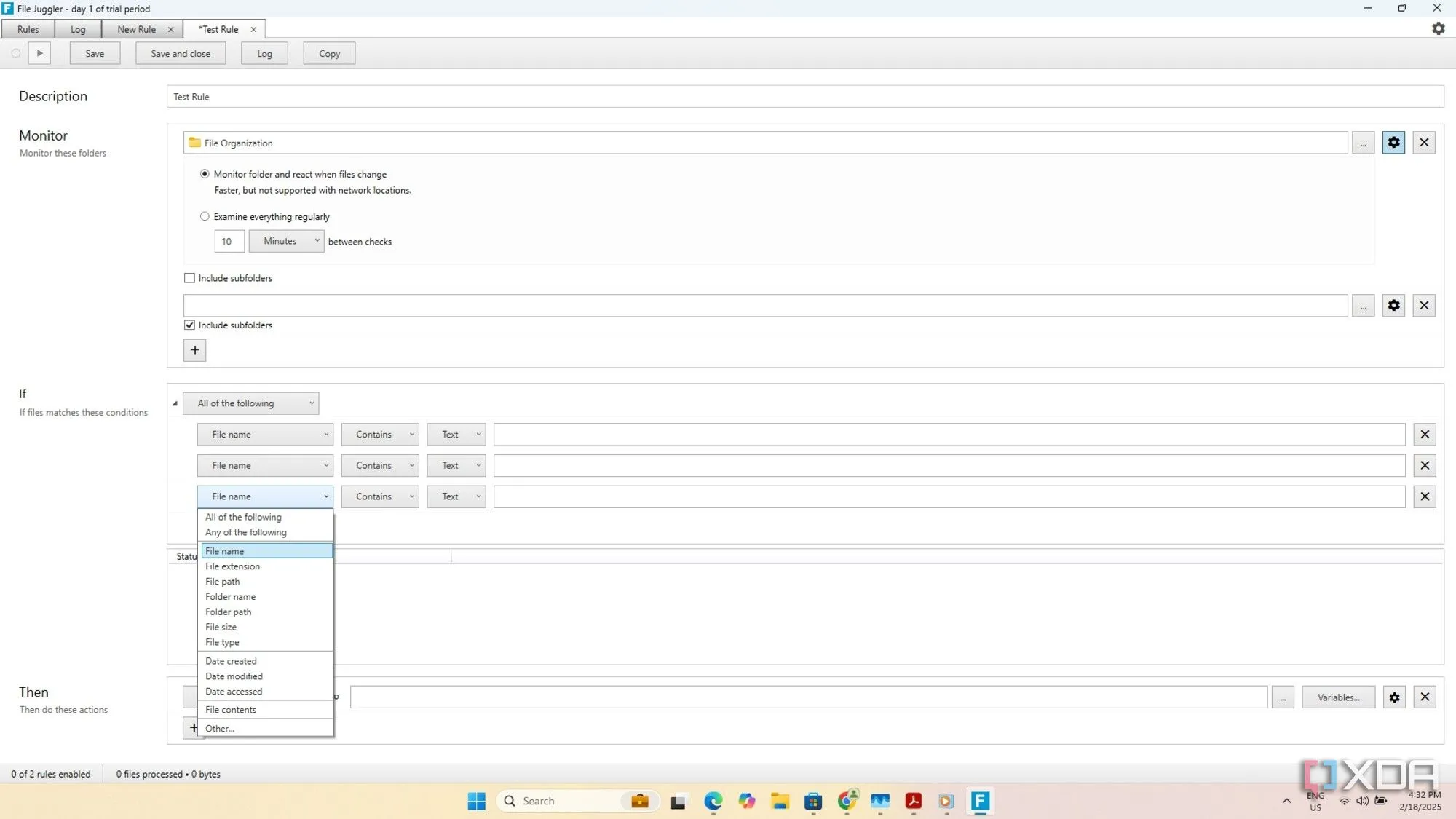 Màn hình chính của phần mềm File Juggler hiển thị các quy tắc tự động sắp xếp file