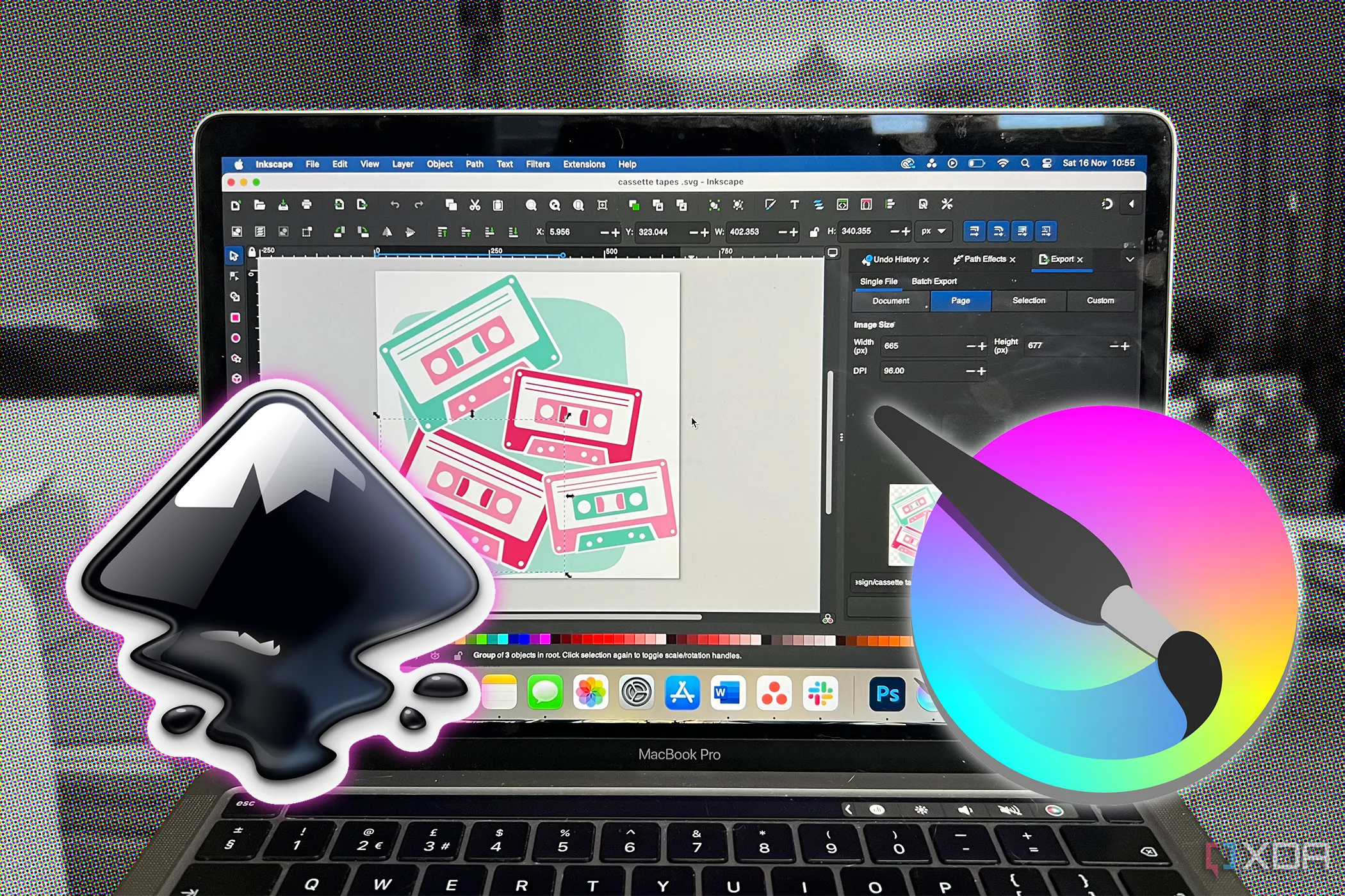 Màn hình MacBook hiển thị Inkscape cùng logo Krita và Inkscape, tượng trưng cho các công cụ mã nguồn mở thường không có sự nhất quán về giao diện.