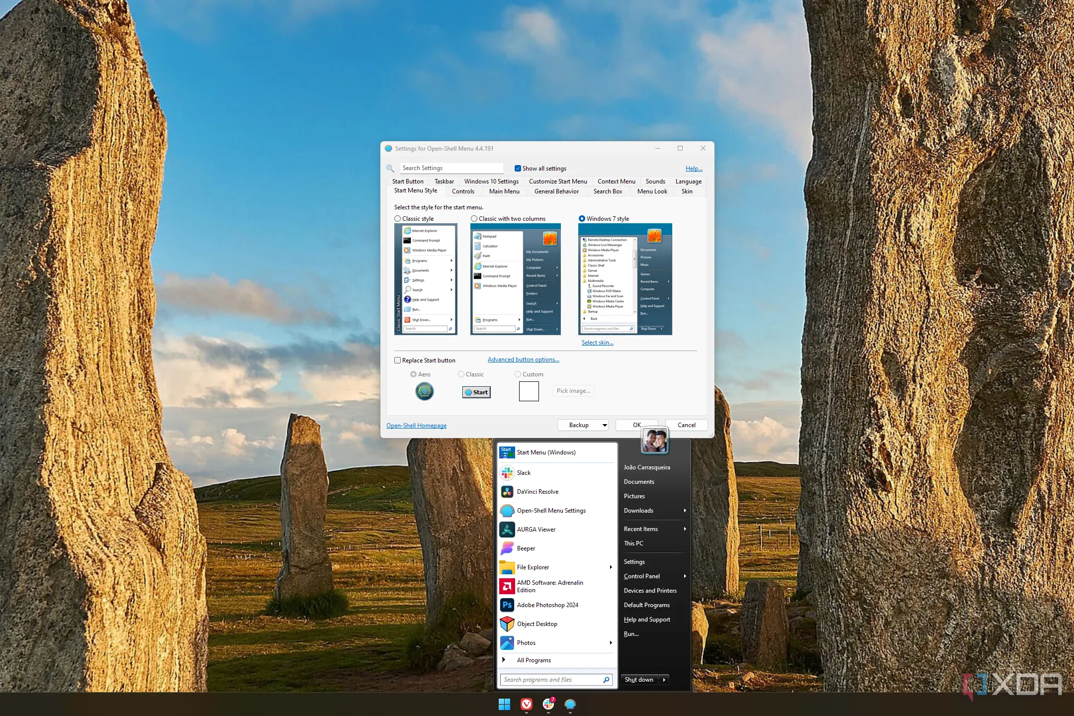 Màn hình nền Windows 11 hiển thị Start menu của OpenShell với các tùy chọn cài đặt, minh họa khả năng tùy biến phong cách Start menu cổ điển.