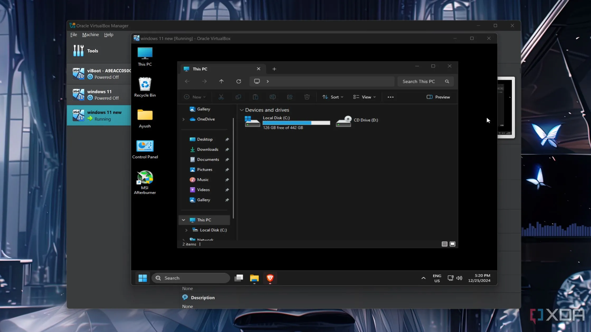 Màn hình Windows 11 đang chạy bên trong cửa sổ máy ảo VirtualBox, hiển thị giao diện của hệ điều hành được ảo hóa