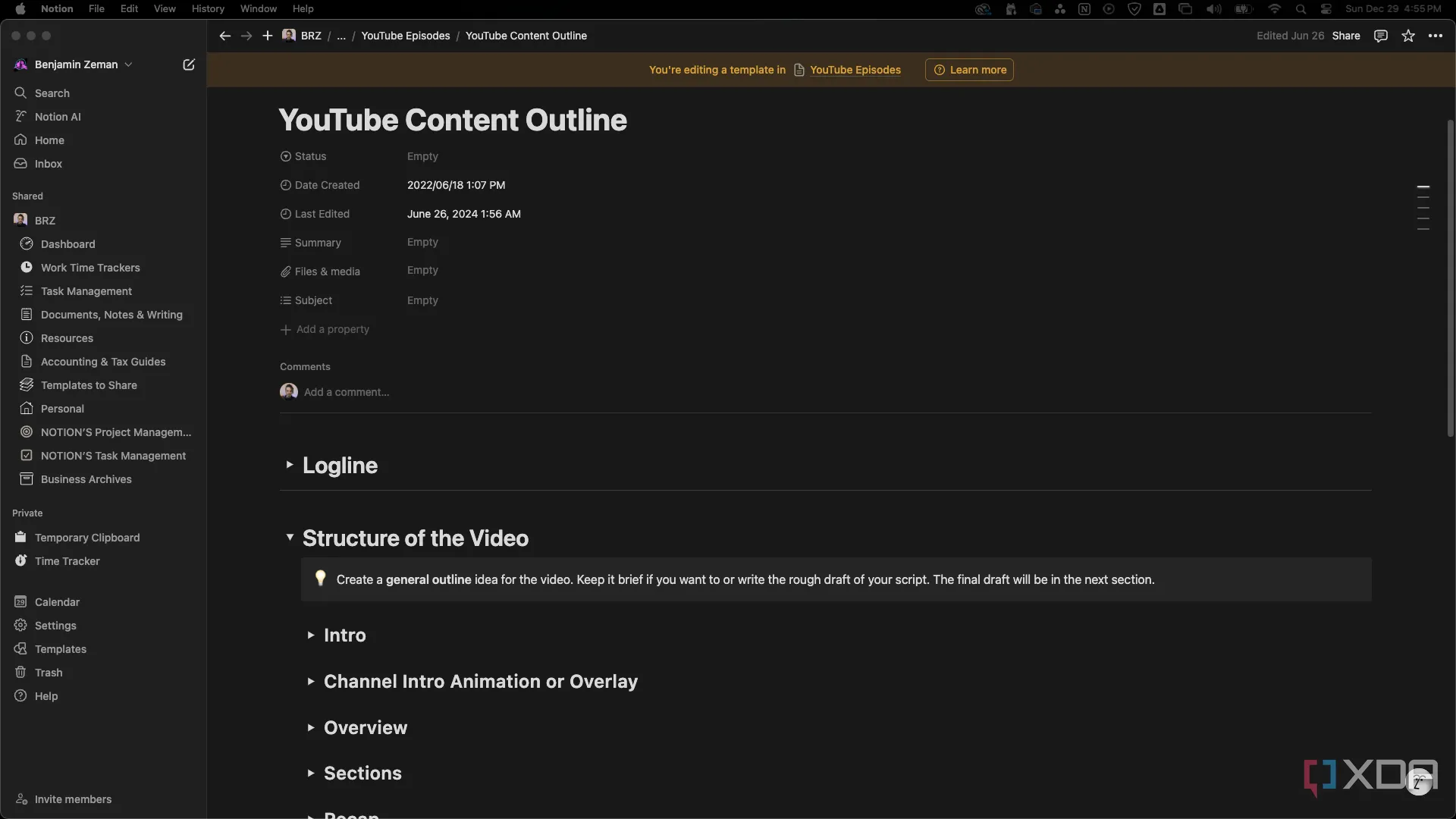 Mẫu dàn ý nội dung YouTube trong Notion, được tạo cho các video giáo dục của tổ chức phi lợi nhuận, giúp chuẩn hóa quy trình sản xuất nội dung.