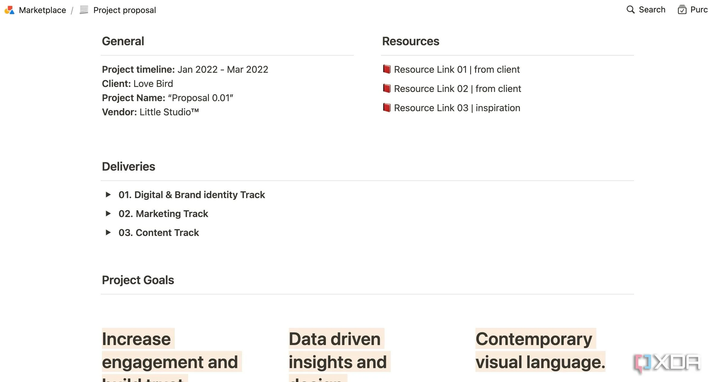 Mẫu đề xuất dự án (Project proposal) trong thư viện template của Notion