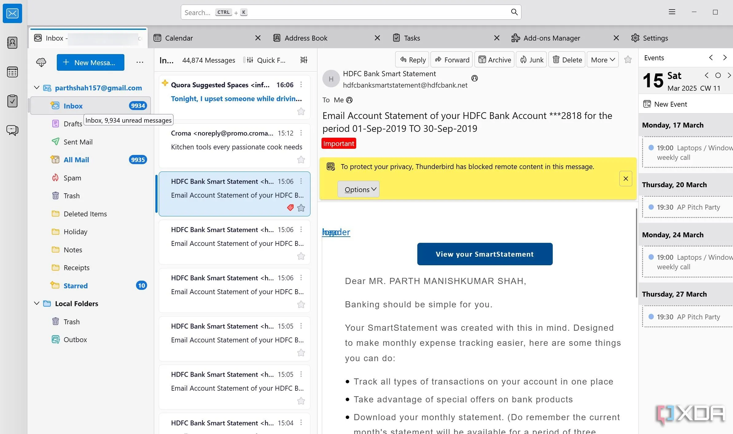 Menu chính của Thunderbird, hiển thị các tài khoản email khác nhau được quản lý trong một hộp thư đến hợp nhất.