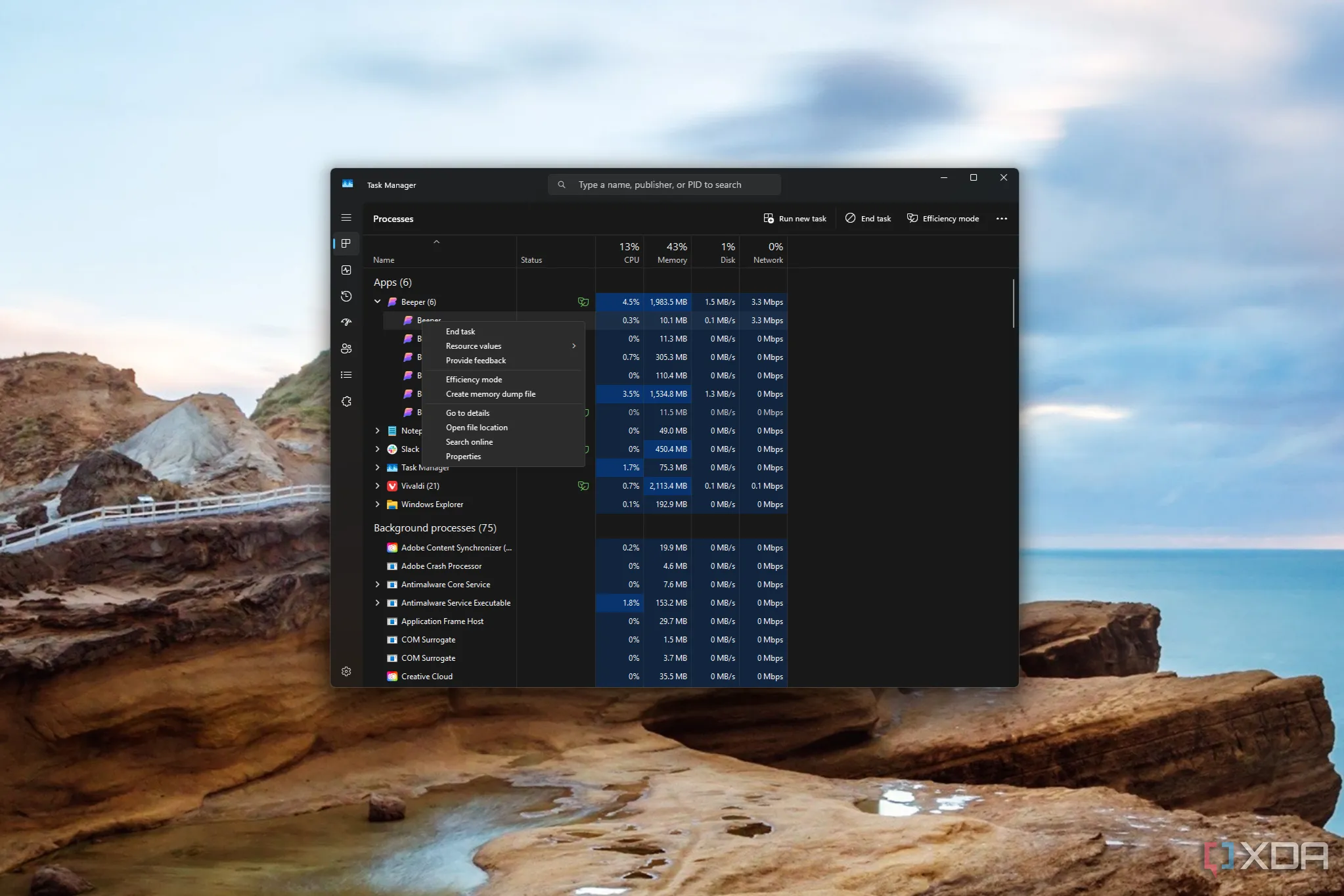 Menu ngữ cảnh khi nhấp chuột phải vào một tiến trình trong Task Manager hiển thị các tùy chọn bổ sung