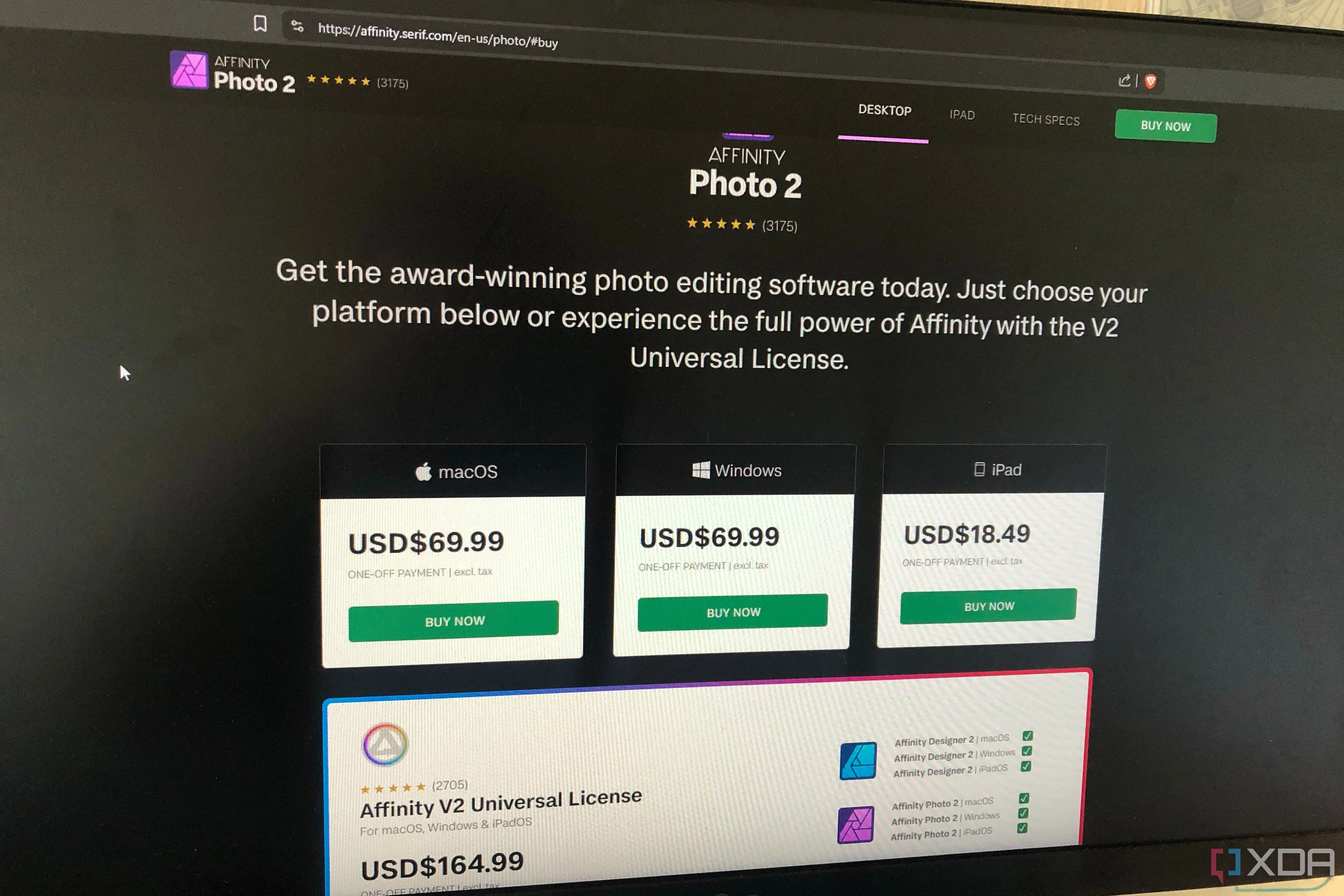 Mục giá Affinity Photo trên trang web của nhà phát triển