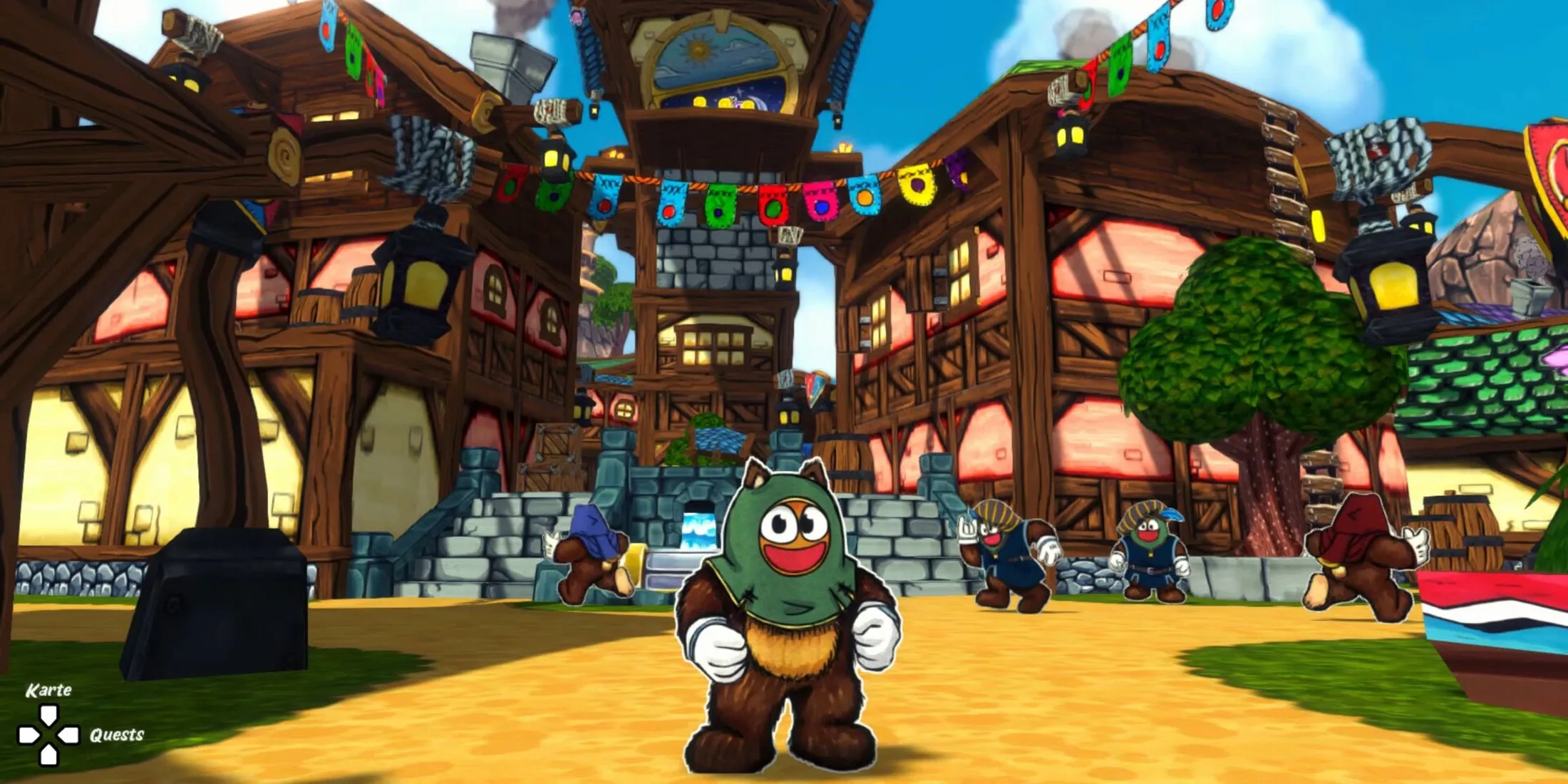 Nhân vật Ruffy cùng Pip đứng trước thị trấn, thể hiện bối cảnh thế giới game Ruffy and the Riverside.
