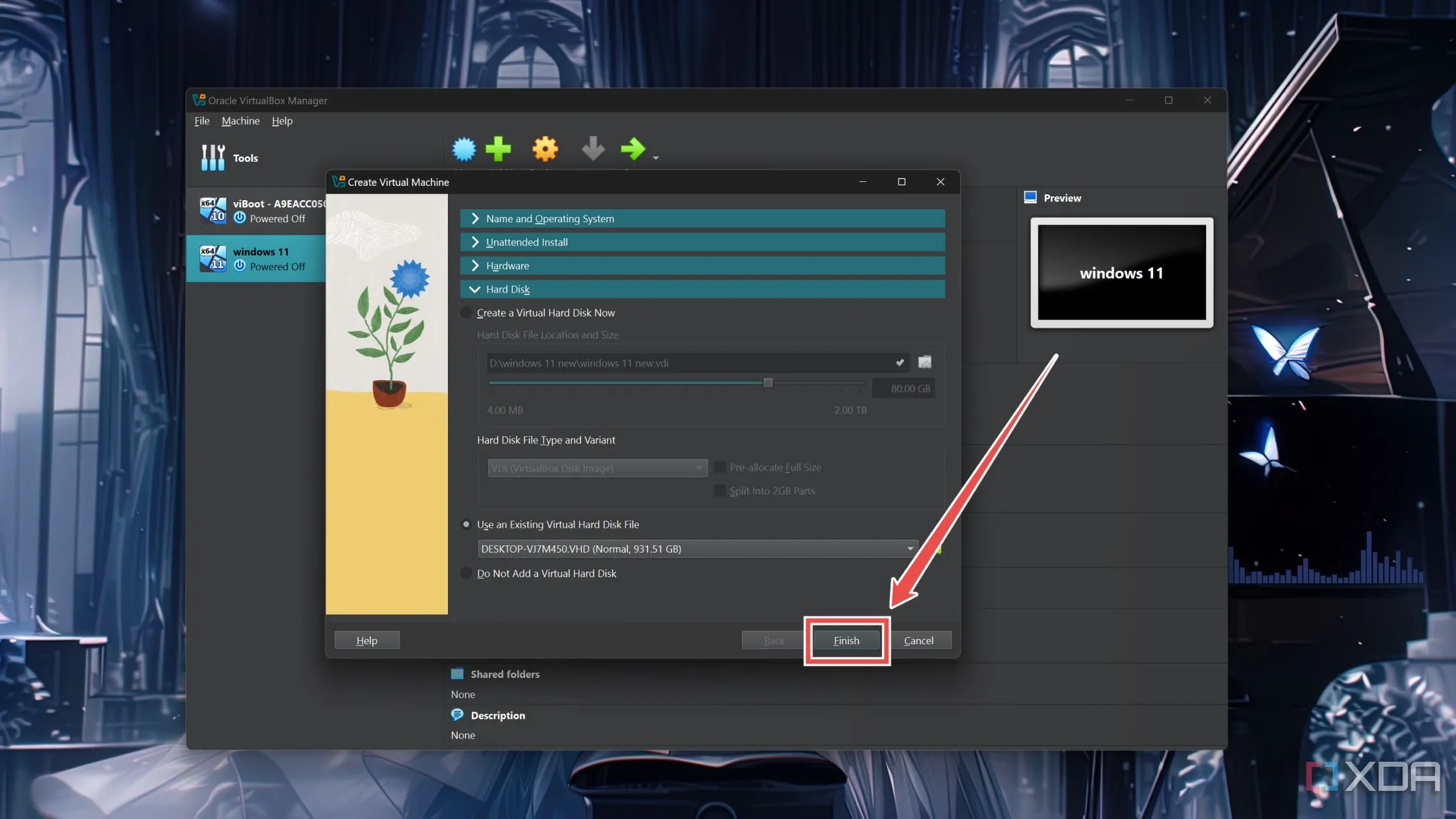 Nút 'Finish' (Hoàn tất) trong VirtualBox để kết thúc quá trình tạo máy ảo