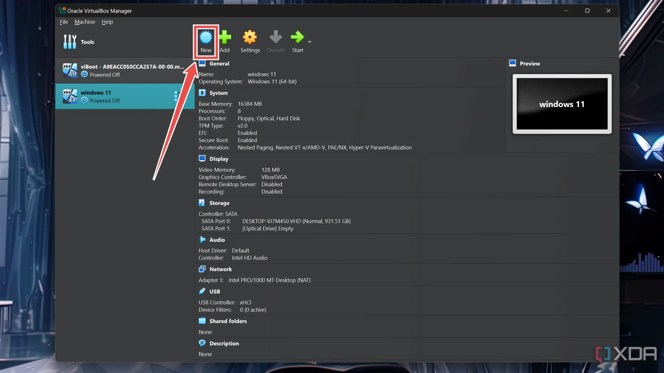 Nút 'New' (Mới) trong giao diện chính của VirtualBox để tạo máy ảo mới