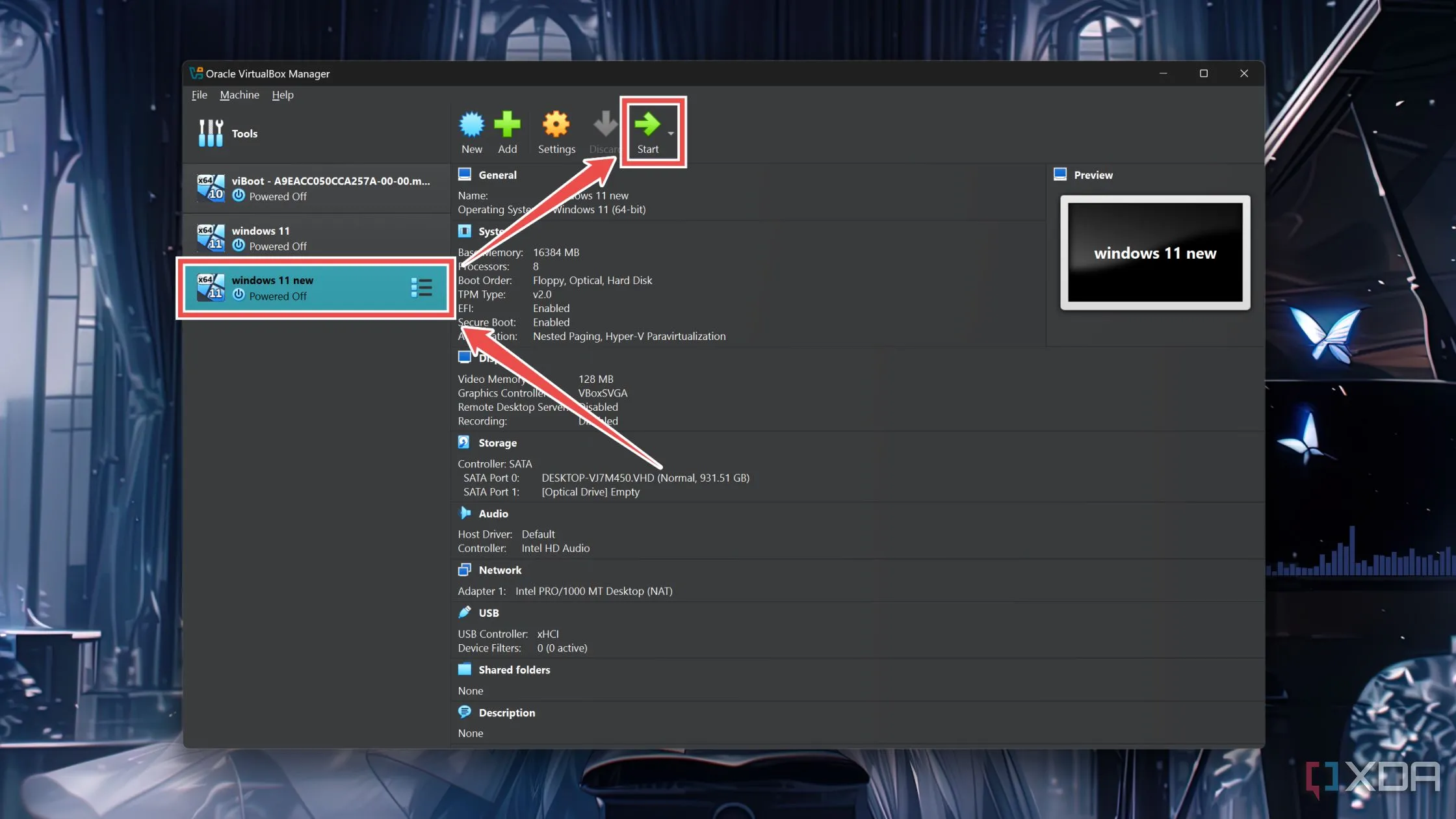 Nút 'Start' (Bắt đầu) để khởi động máy ảo Windows 11 vừa được tạo trong VirtualBox