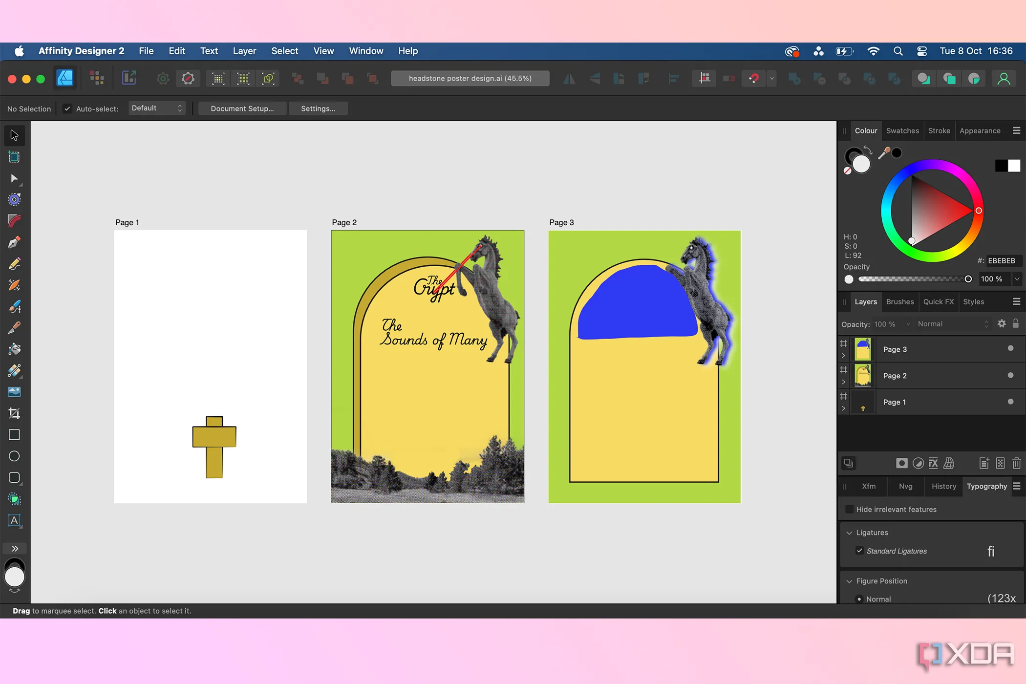 Phần mềm Affinity Designer hiển thị nhiều artboard với các thiết kế poster, cho thấy khả năng mở và chỉnh sửa đa dạng các định dạng tệp.