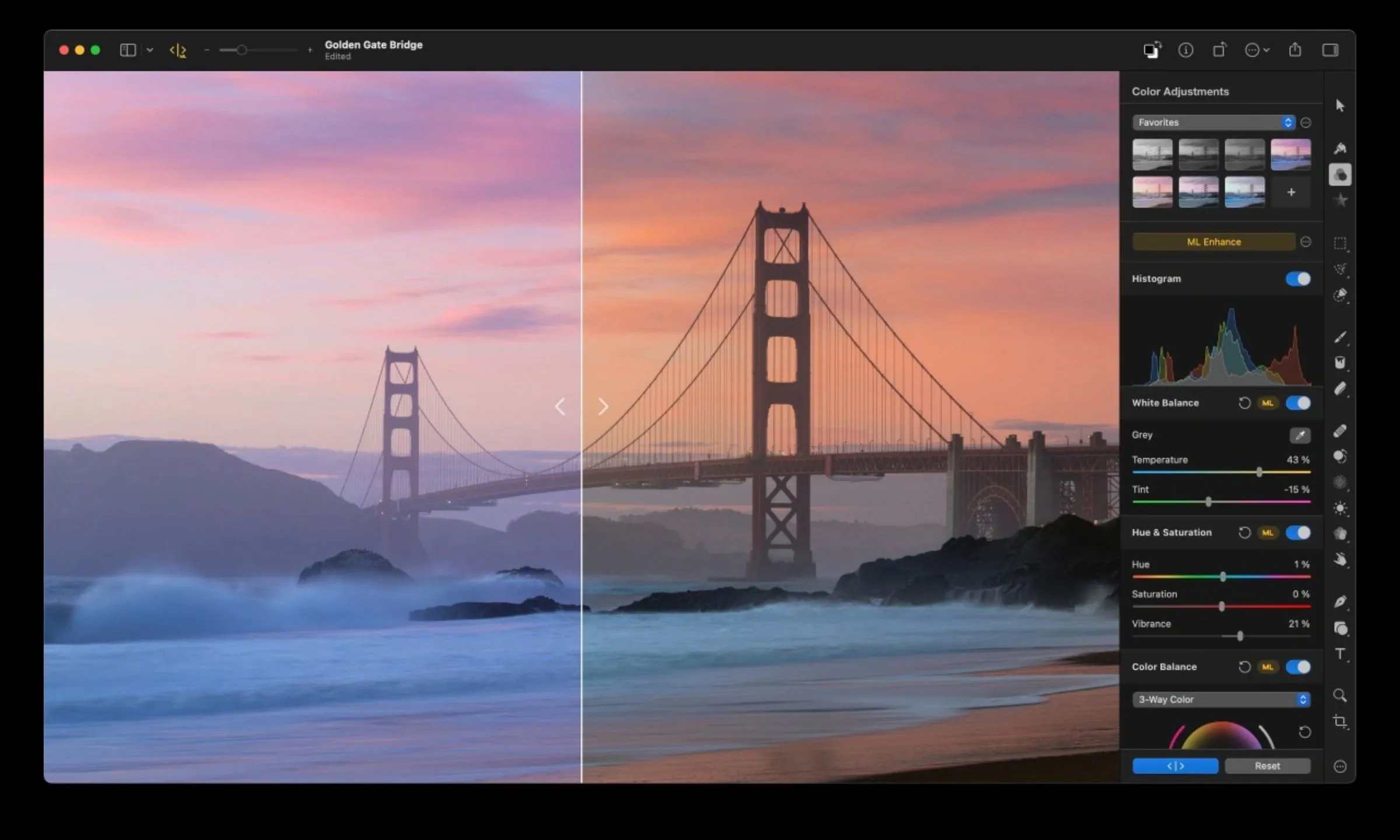 Pixelmator Pro đang chỉnh sửa ảnh cầu Cổng Vàng với các công cụ chuyên nghiệp