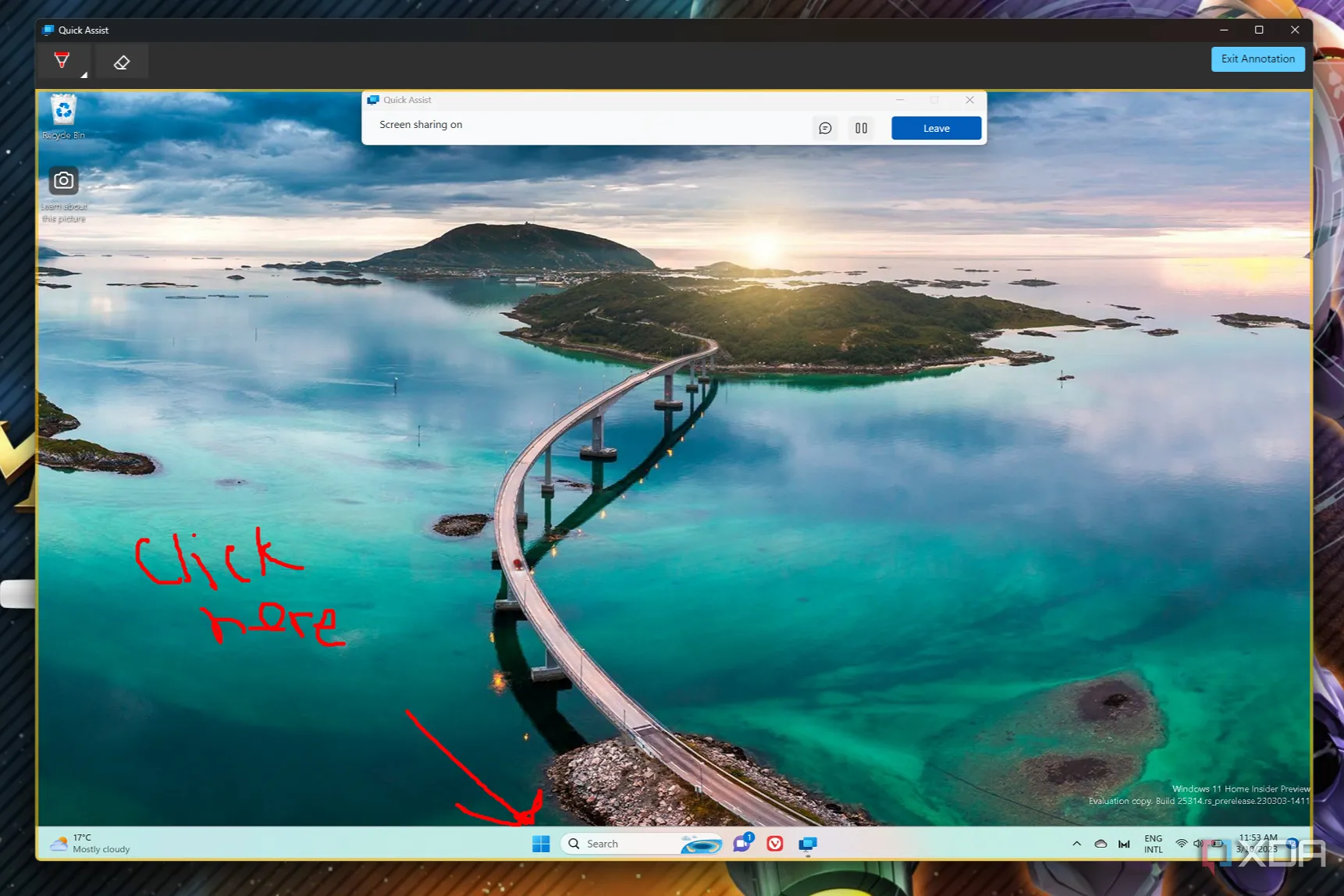 Quick Assist trên Windows 11 với các công cụ chú thích màn hình, cho phép người hỗ trợ đánh dấu trực tiếp để hướng dẫn người dùng hiệu quả hơn.