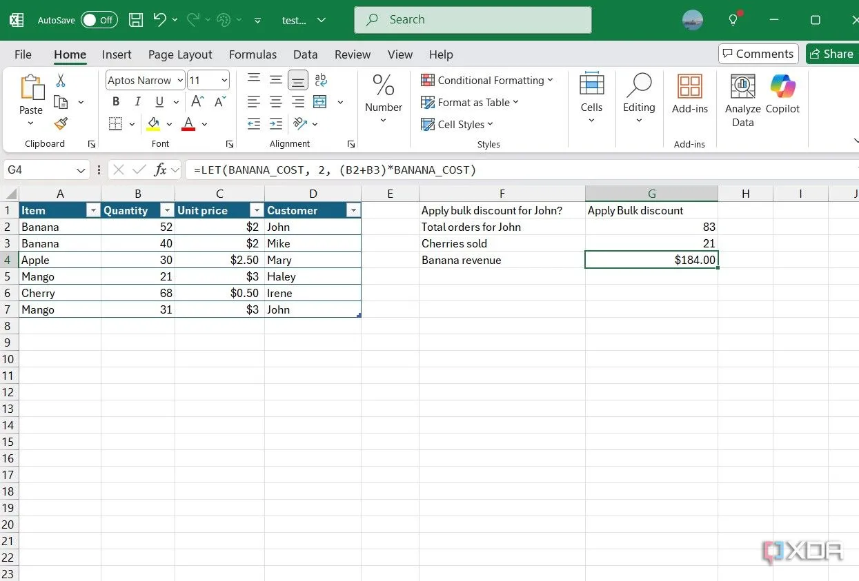 Sử dụng hàm LET trong Excel để định nghĩa biến và làm cho công thức phức tạp trở nên dễ đọc, ví dụ với biến BANANA_COST.