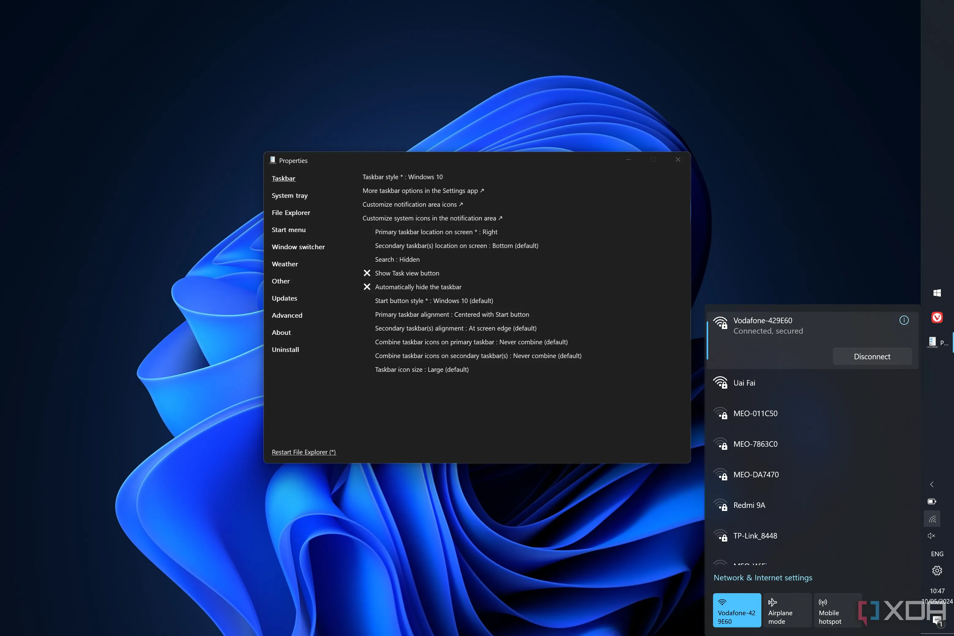 Thanh tác vụ Windows 11 đã được tùy chỉnh bằng ExplorerPatcher, thể hiện sự linh hoạt về vị trí và kích thước tương tự Windows 10.