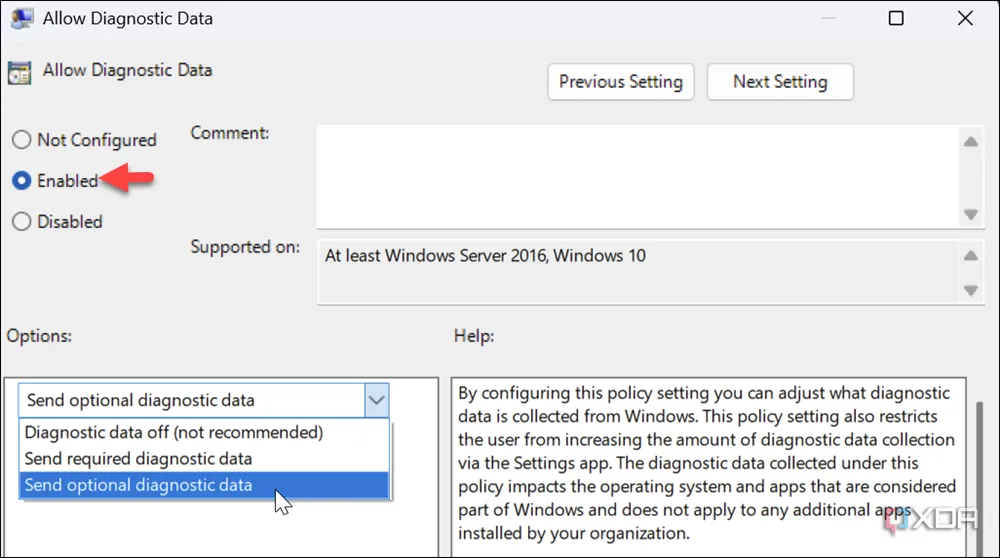 Thiết lập chính sách &quot;Cho phép dữ liệu chẩn đoán&quot; trong Group Policy Editor