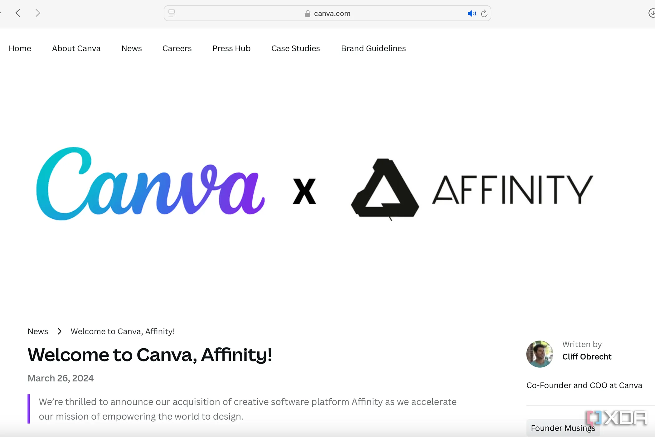 Thông báo về việc sáp nhập giữa Canva và Serif (nhà phát triển Affinity), thể hiện sức mạnh phát triển được nâng cao.