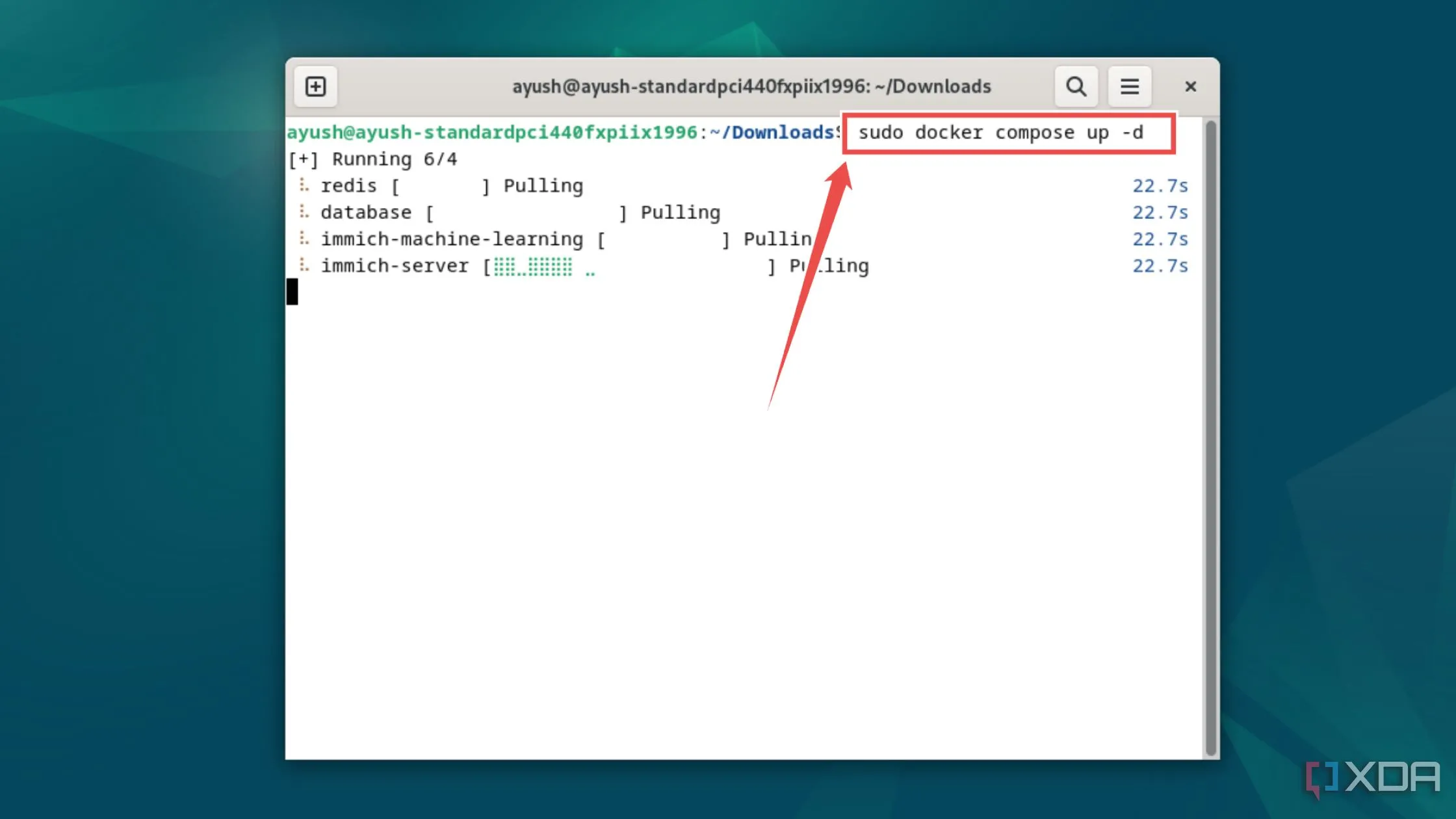 Thực thi lệnh docker compose up -d để triển khai container Immich và khởi chạy dịch vụ.