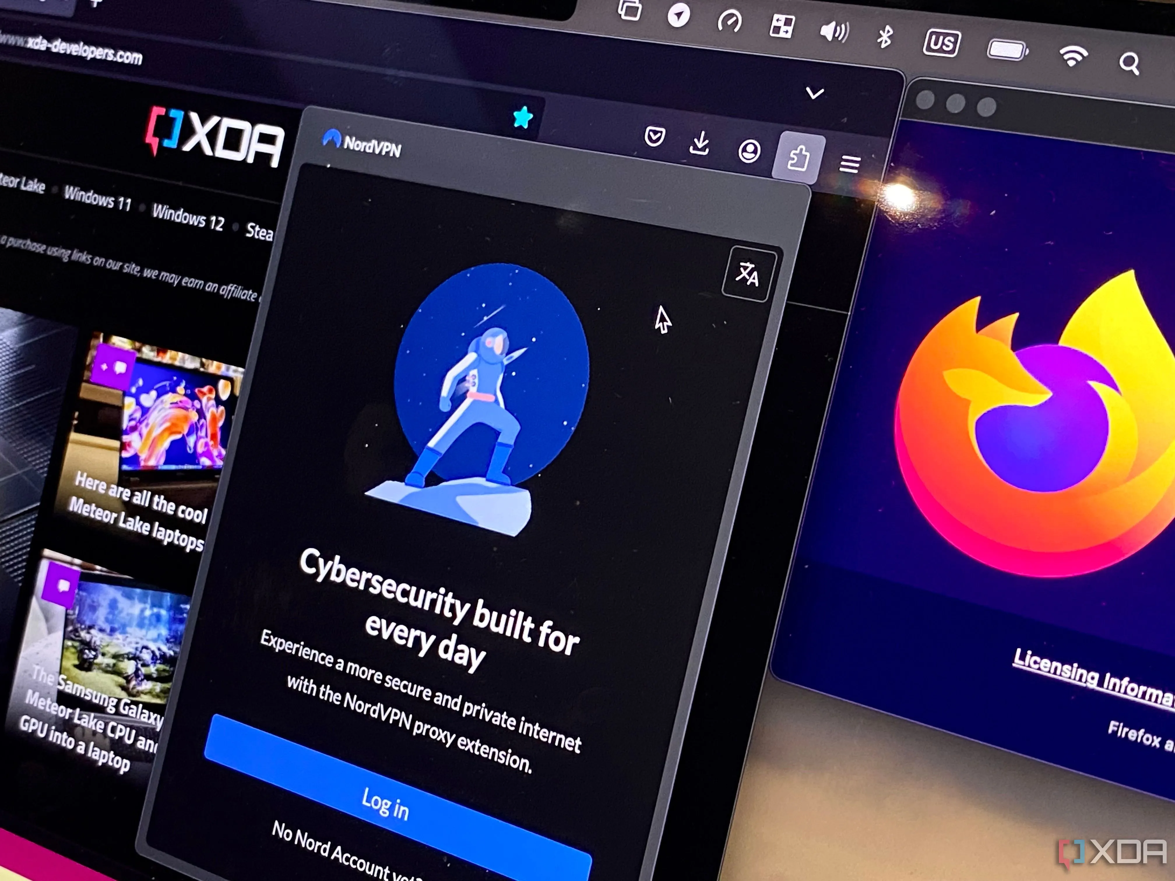 Tiện ích mở rộng NordVPN trên Firefox hiển thị màn hình đăng nhập