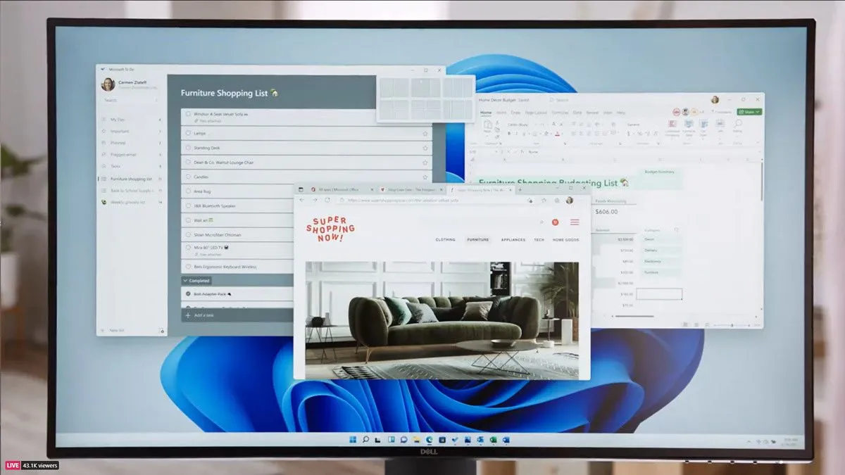 Tính năng Snap Layouts trên Windows 11, giúp người dùng dễ dàng sắp xếp và chia bố cục các cửa sổ ứng dụng trên màn hình để đa nhiệm hiệu quả.