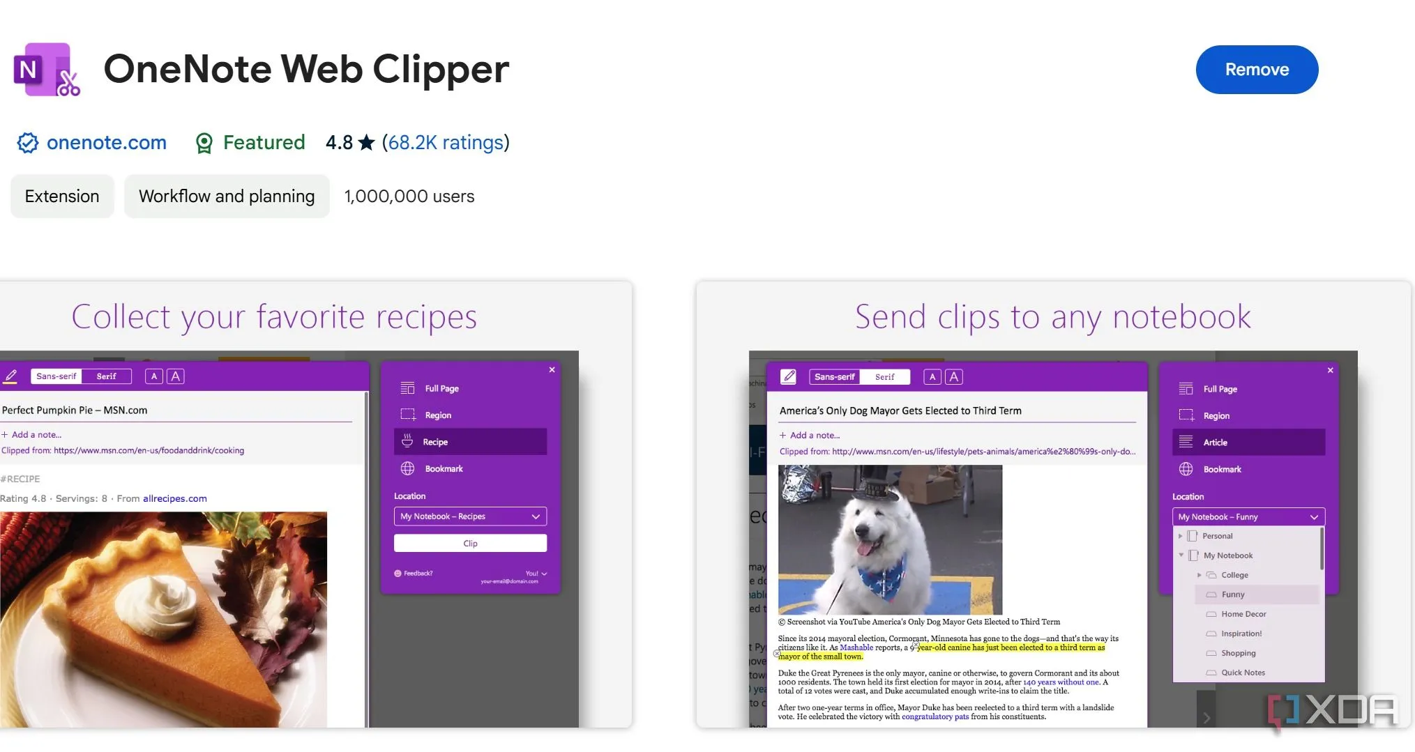 Trang tiện ích OneNote Web Clipper trên Chrome Web Store, hiển thị nút Get.