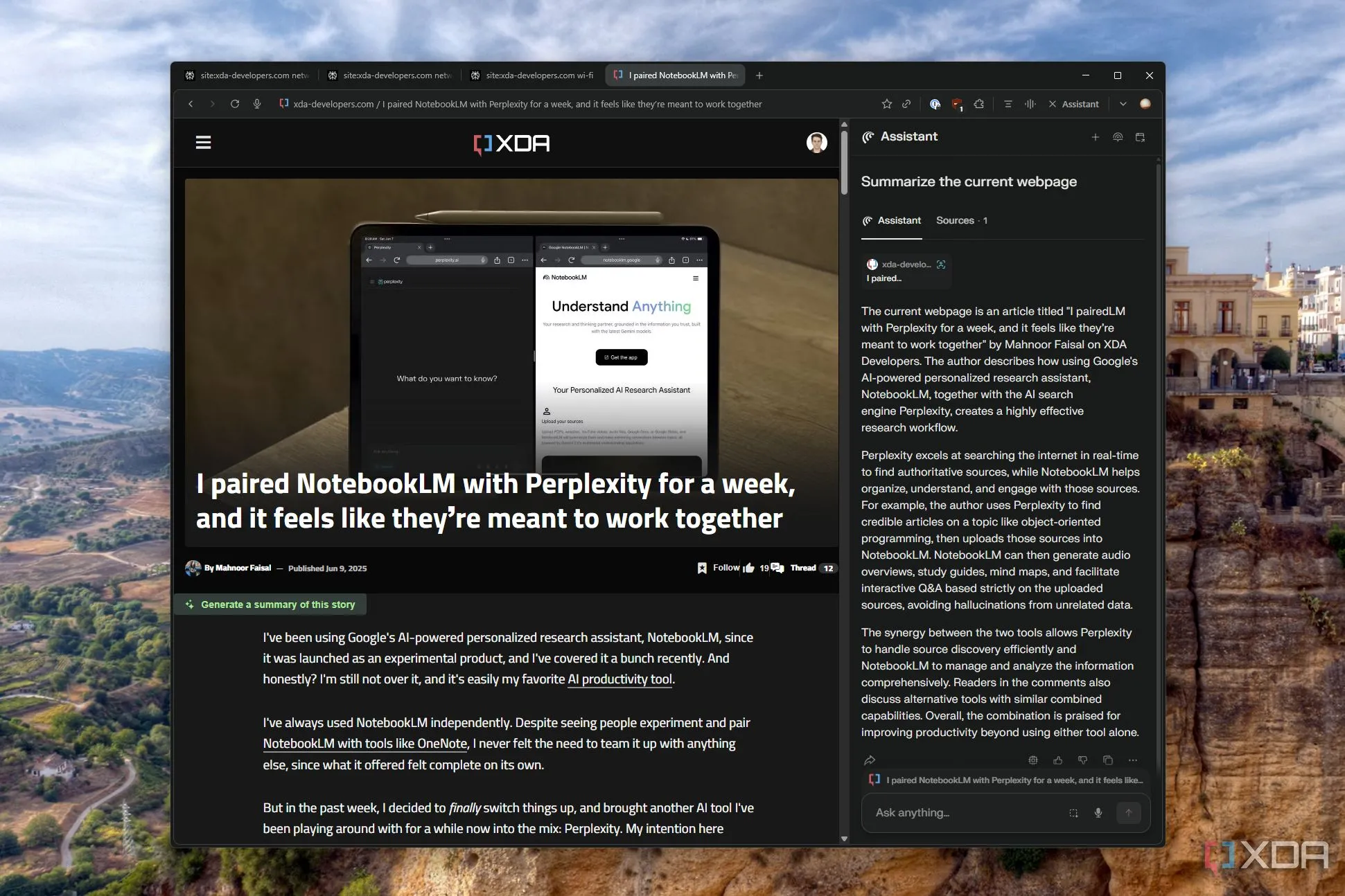 Trình duyệt Perplexity Comet hiển thị trang web XDA Developers
