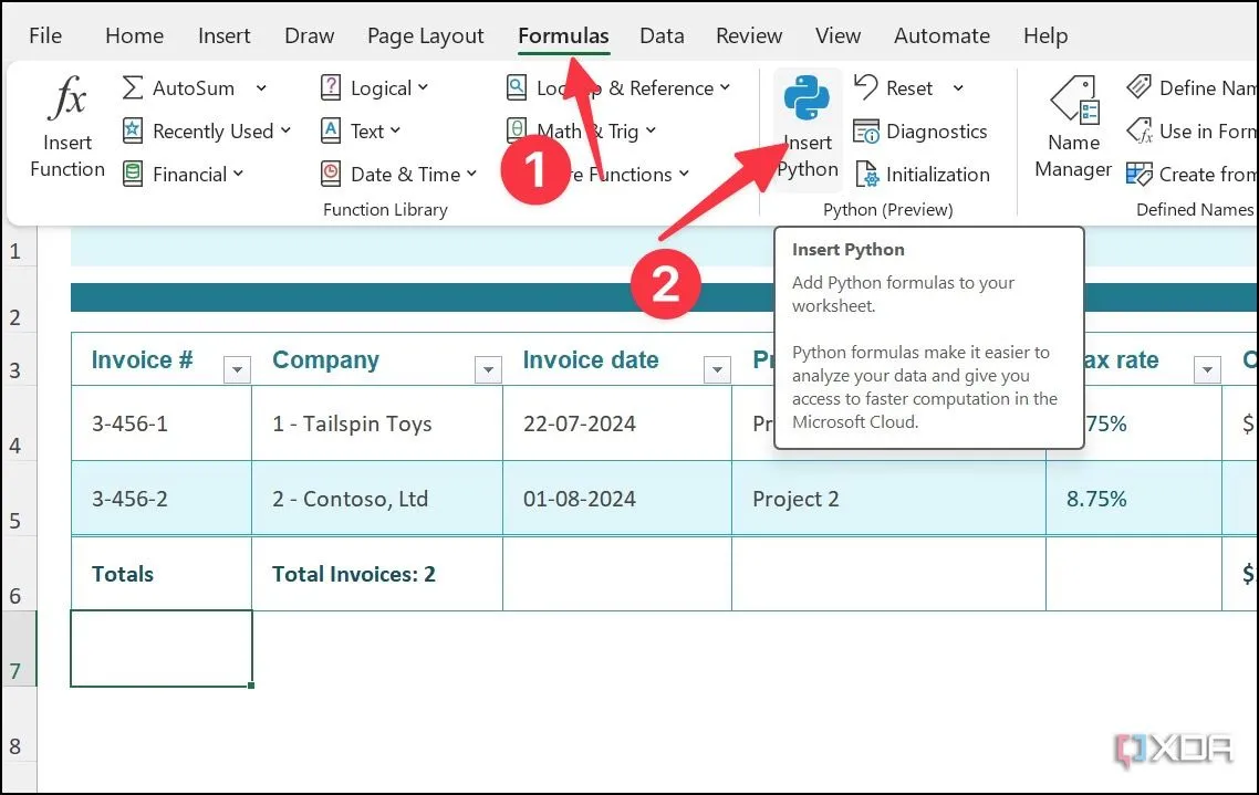 Tùy chọn 'Insert Python' trong menu 'Formulas' của Excel