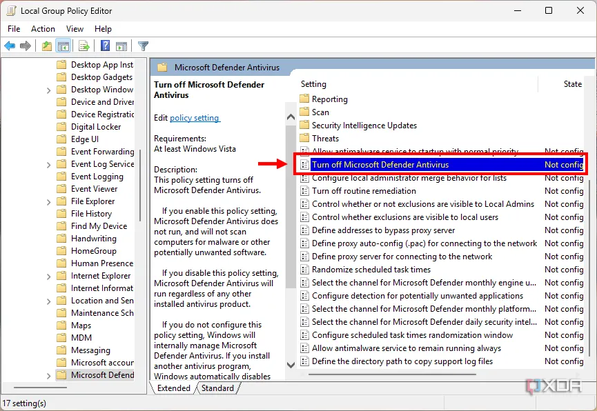 Tùy chọn Tắt Microsoft Defender Antivirus được làm nổi bật trong Group Policy Editor