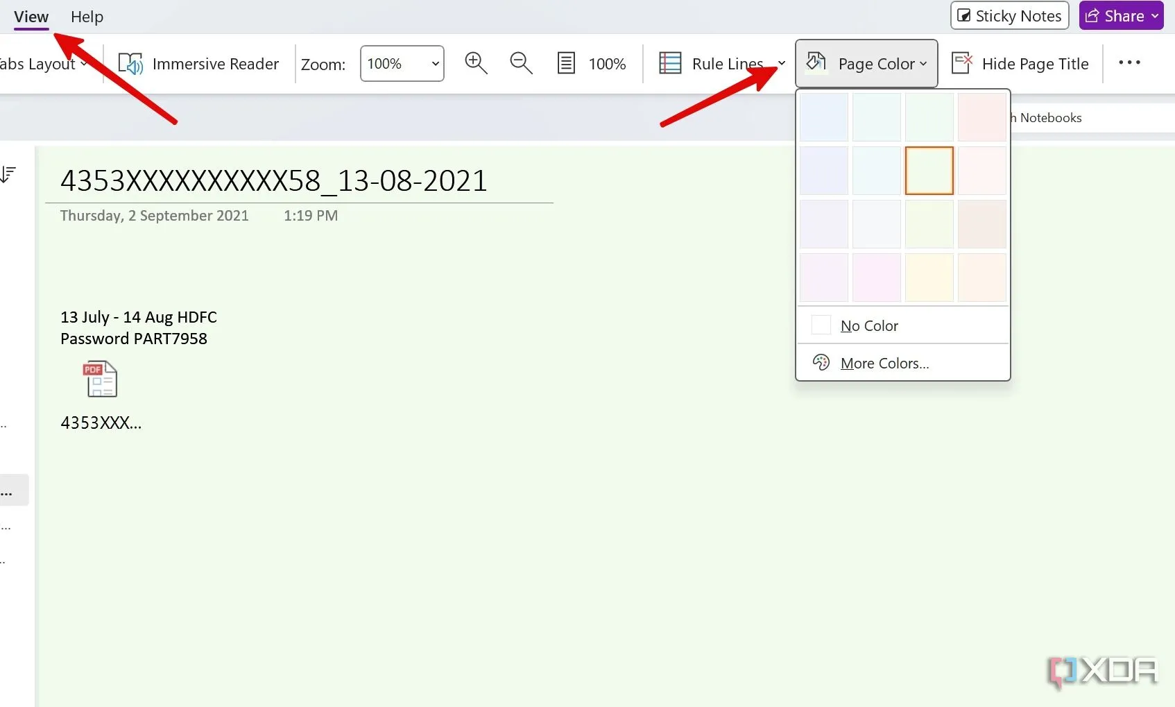 Tùy chọn thay đổi màu nền trang trong menu View của OneNote.