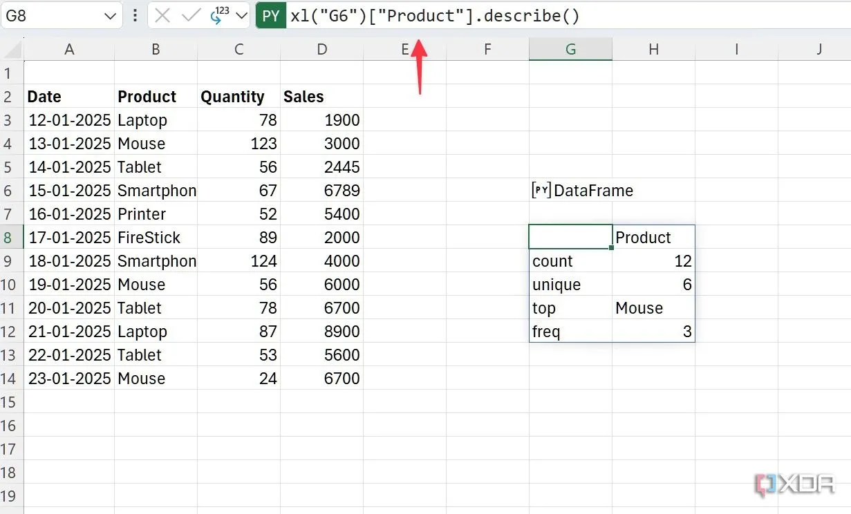 Ví dụ kiểm tra chi tiết dữ liệu sản phẩm bằng cách sử dụng Python trong Excel, hiển thị số lượng và tần suất sản phẩm.