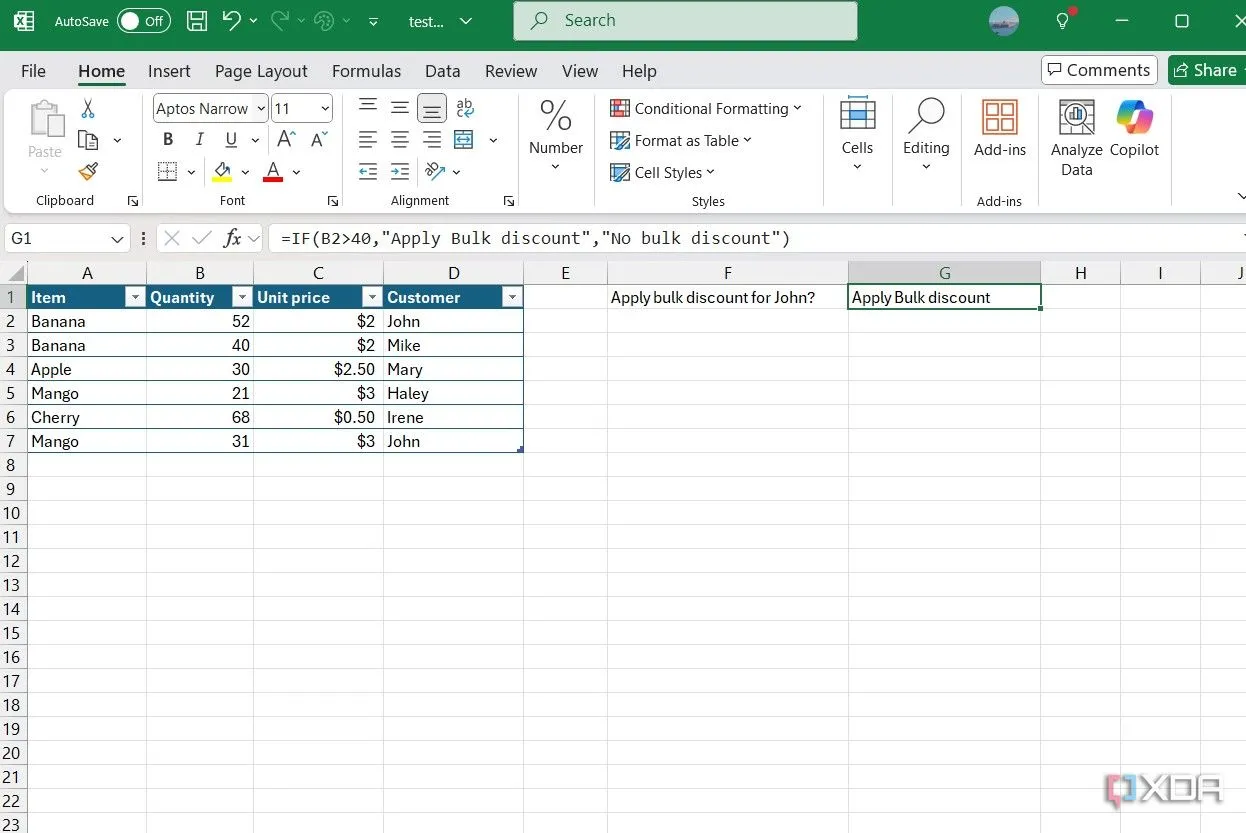 Ví dụ sử dụng hàm IF trong Excel để kiểm tra điều kiện giảm giá dựa trên số lượng sản phẩm khách hàng đã mua.