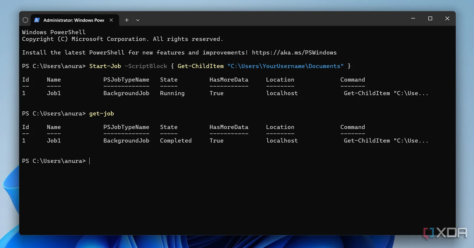 Ví dụ về việc chạy một tác vụ PowerShell ở chế độ nền để không làm gián đoạn công việc hiện tại