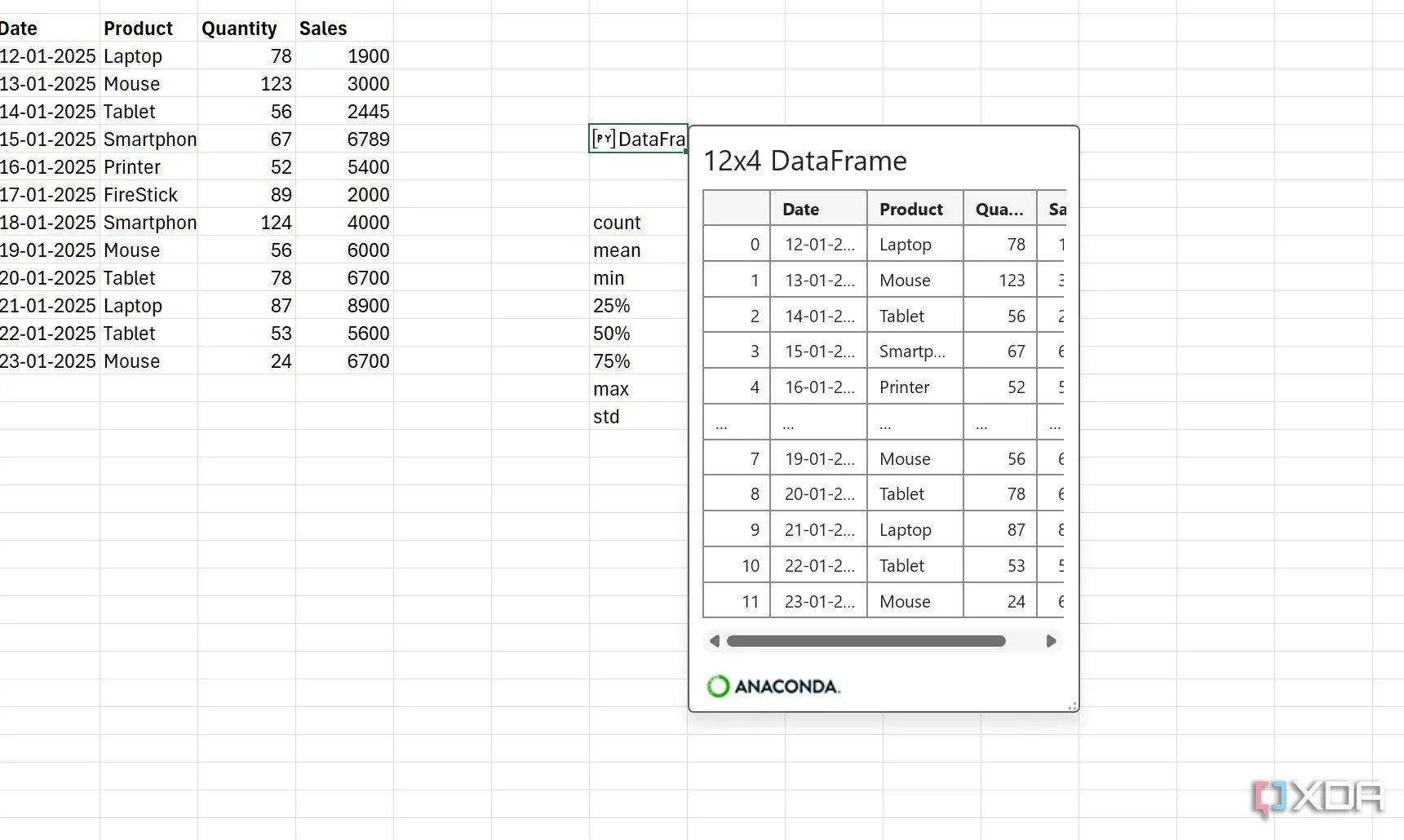 Ví dụ về việc sử dụng DataFrame của thư viện Pandas trong môi trường Python trên Excel để phân tích dữ liệu bán hàng.