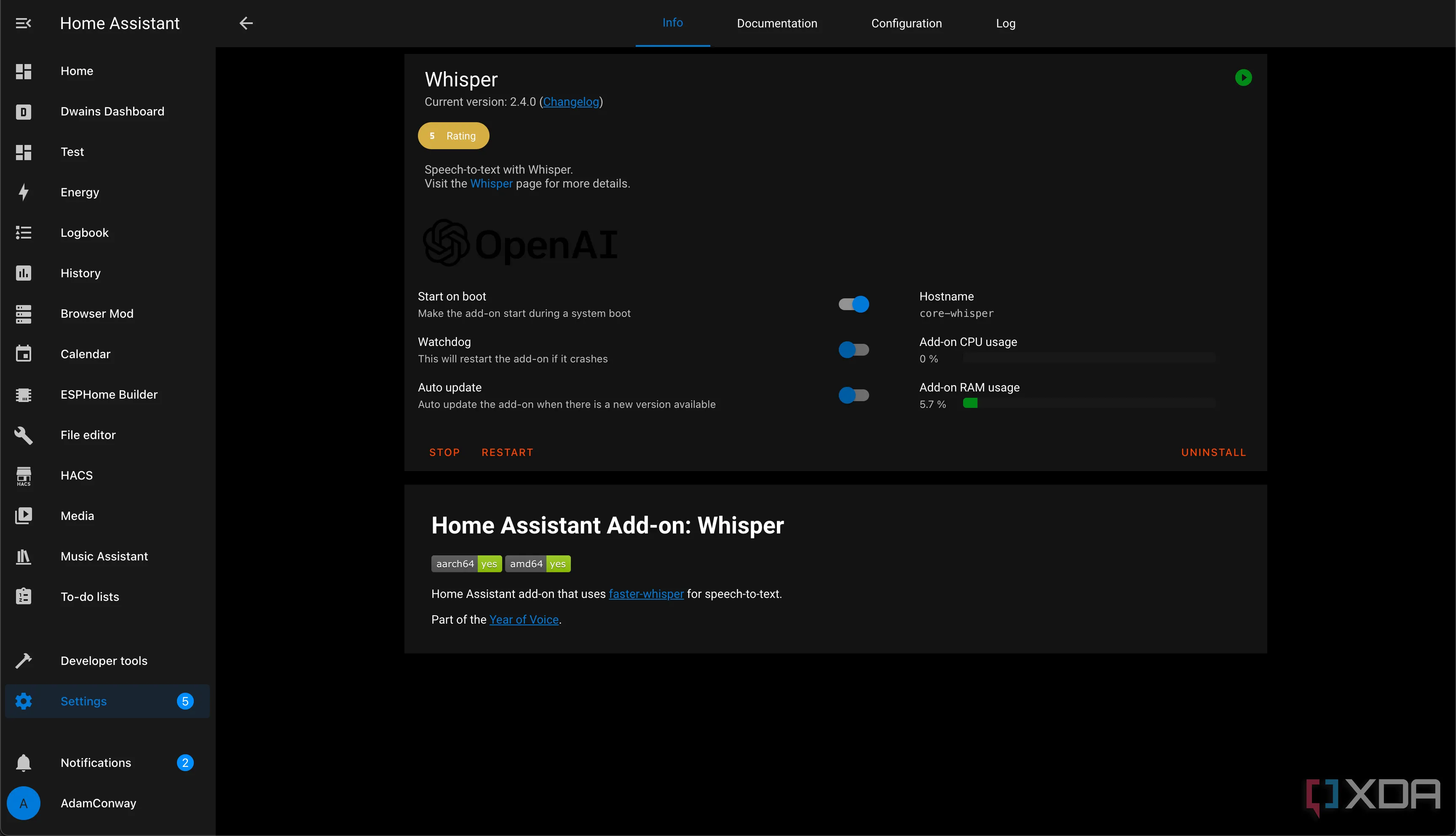 Add-on Whisper tích hợp mô hình OpenAI để nhận diện giọng nói trong Home Assistant