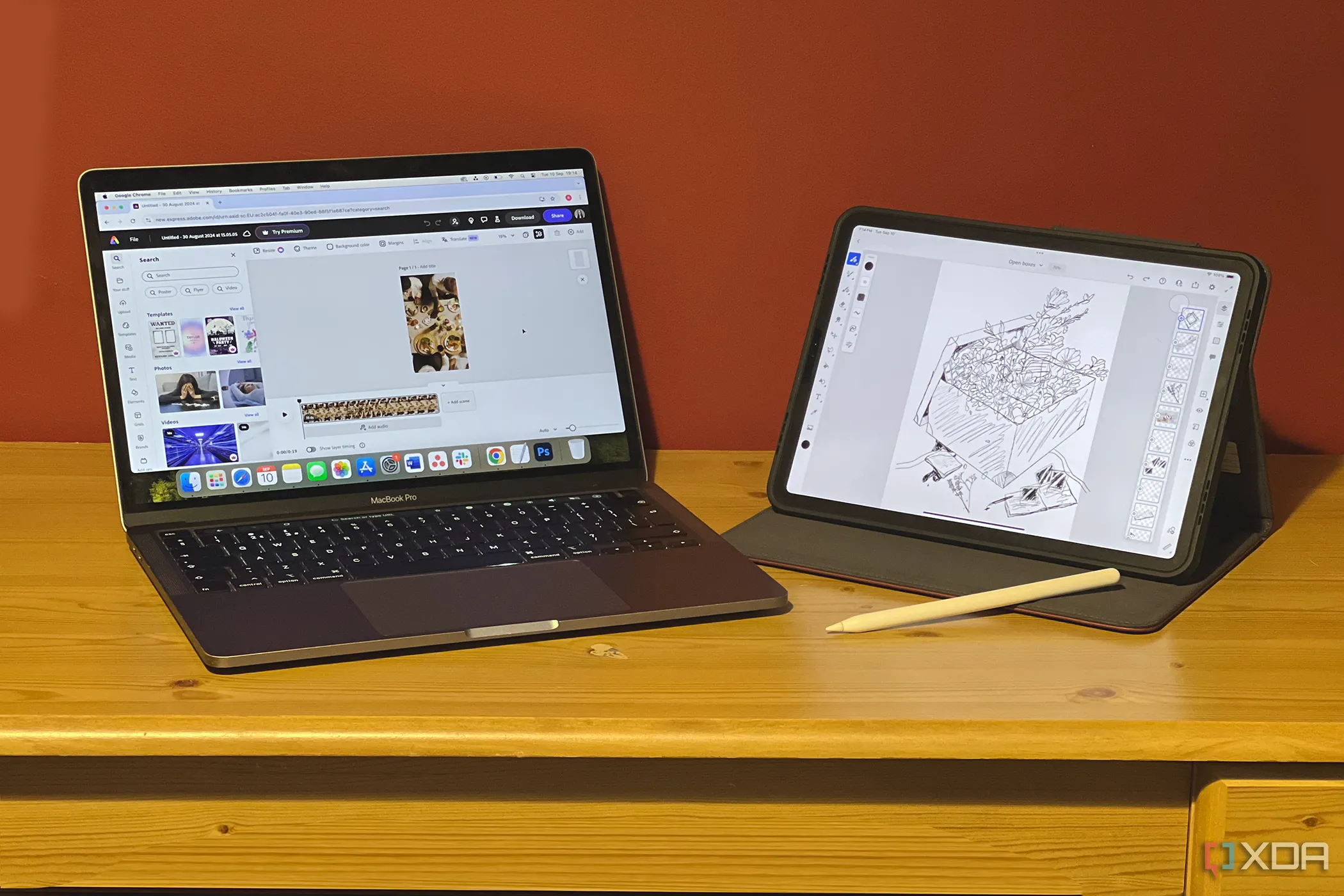 Adobe Express hiển thị trên MacBook và Adobe Fresco trên iPad, minh họa khả năng sáng tạo đa nền tảng của Adobe