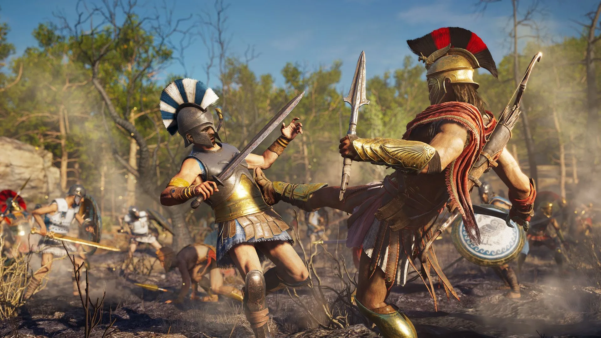 Alexios thực hiện cú đá Sparta nổi tiếng trong Assassin's Creed Odyssey, minh họa lối chơi hành động mạnh mẽ và kịch tính.