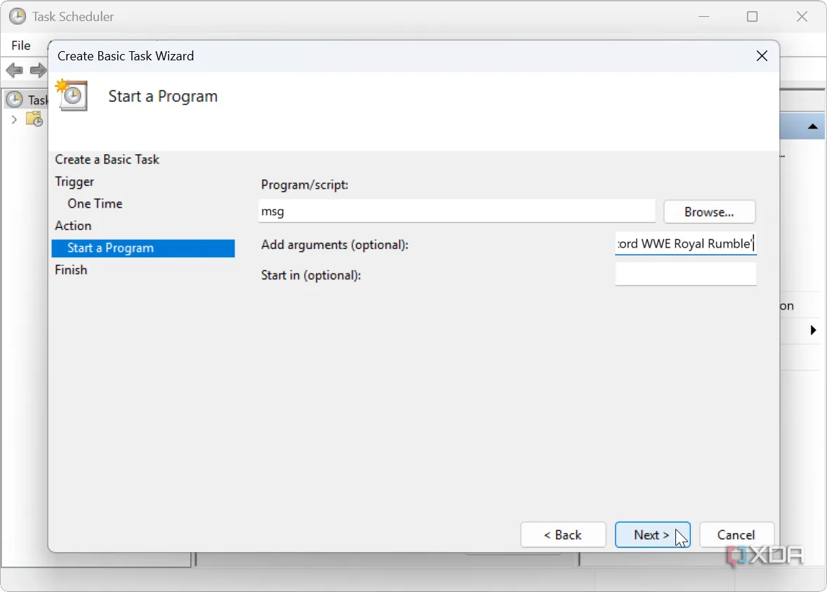 alt: Cách tạo thông báo tùy chỉnh với nội dung &quot;Record WWE Royal Rumble&quot; sử dụng Task Scheduler trên Windows