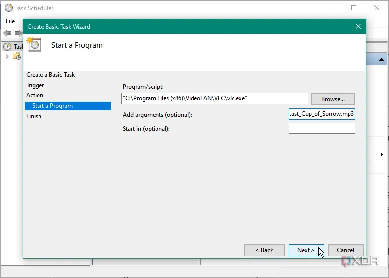 alt: Hướng dẫn tạo tác vụ cơ bản trong Task Scheduler để phát file nhạc MP3 thông qua VLC khi người dùng đăng nhập vào Windows