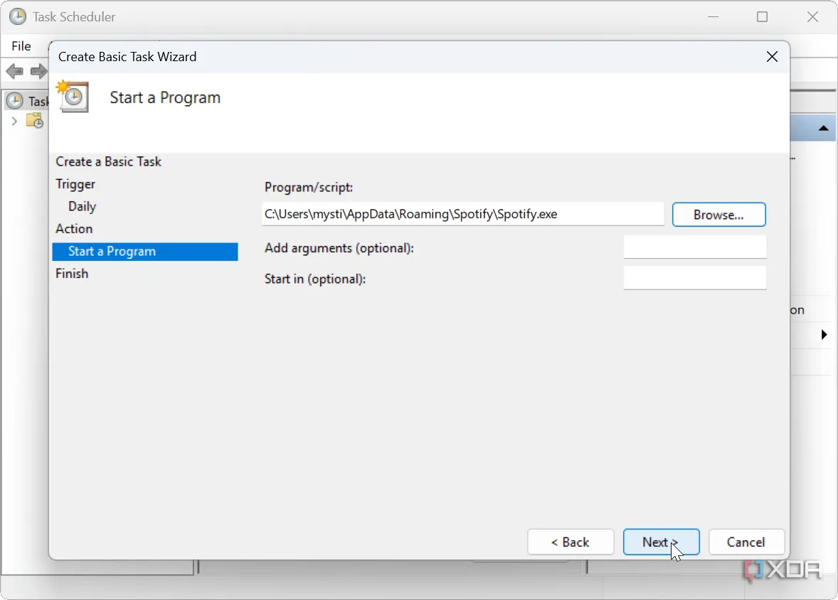 alt: Thiết lập Task Scheduler để tự động mở ứng dụng Spotify vào một thời điểm đã định trên Windows