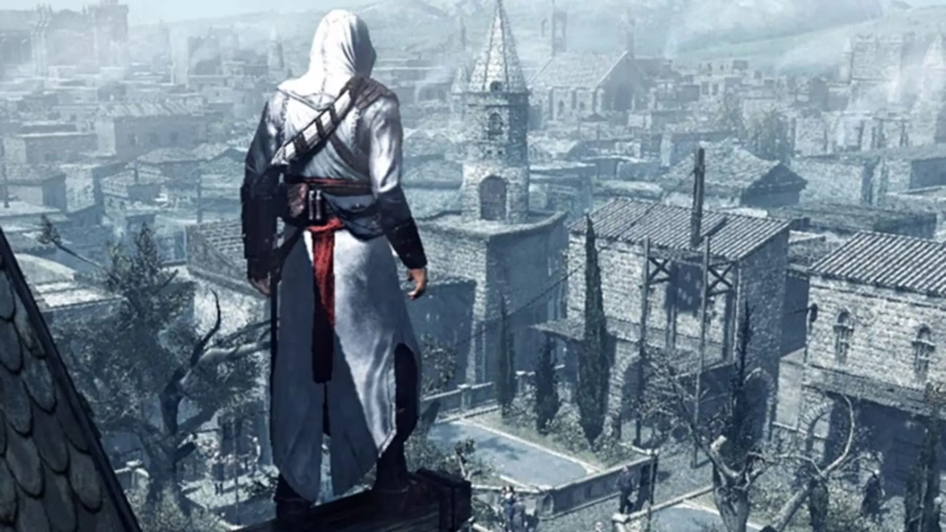 Altair đang chiến đấu với nhiều kẻ thù cùng lúc trong Assassin's Creed, sử dụng kiếm và kỹ năng chiến đấu