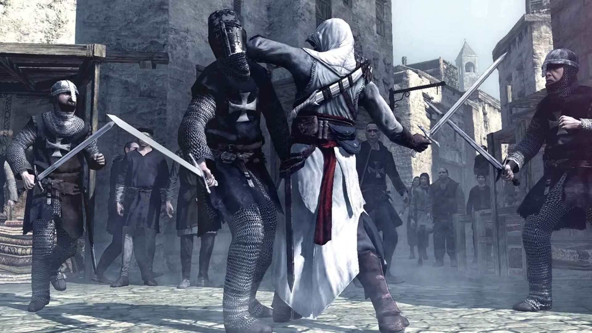 Altair đang đi giữa đám đông ở một thành phố đông đúc trong Assassin's Creed, hòa mình vào môi trường