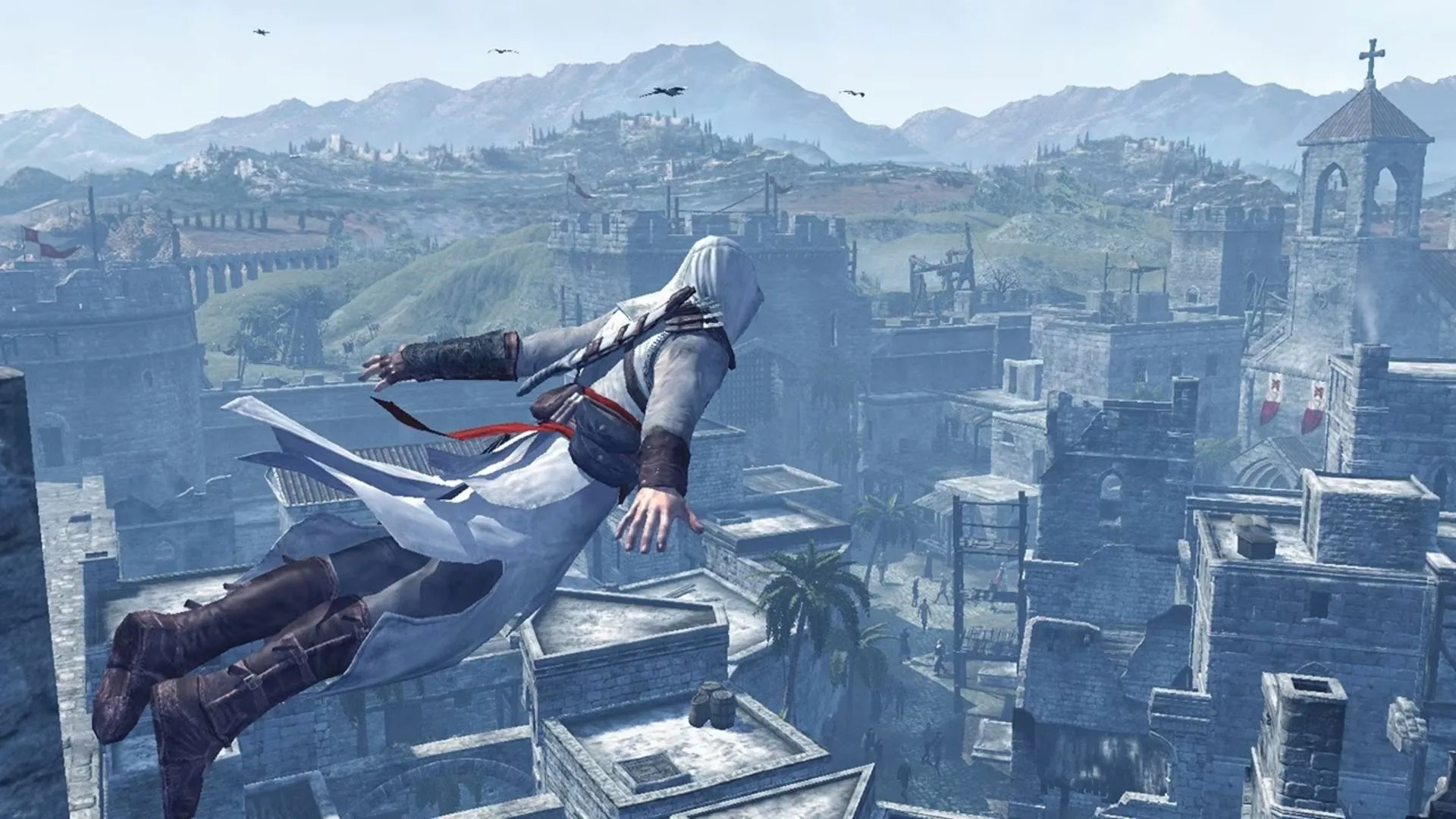 Altair thực hiện cú ám sát bí mật từ trên cao xuống một mục tiêu trong Assassin's Creed