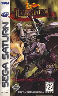 Ảnh bìa game chiến thuật Dragon Force trên Sega Saturn với hình ảnh các nhân vật chính và quân đội