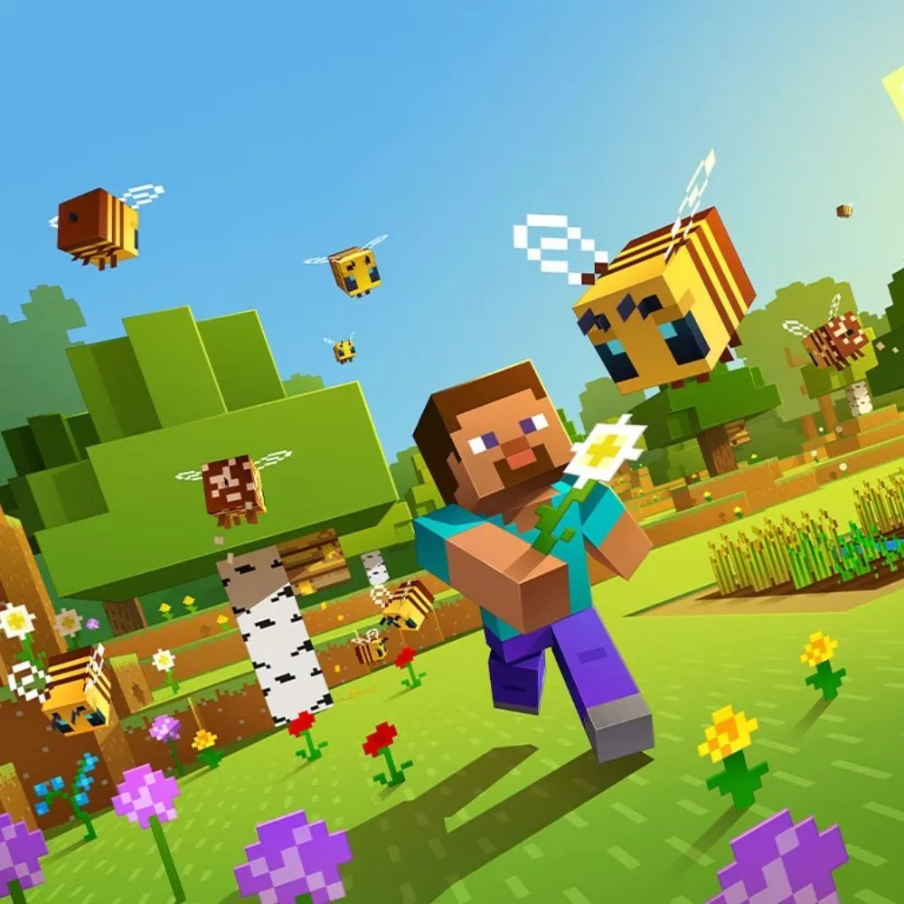 Ảnh bìa game Minecraft cổ điển với nhân vật Steve và thế giới khối vuông