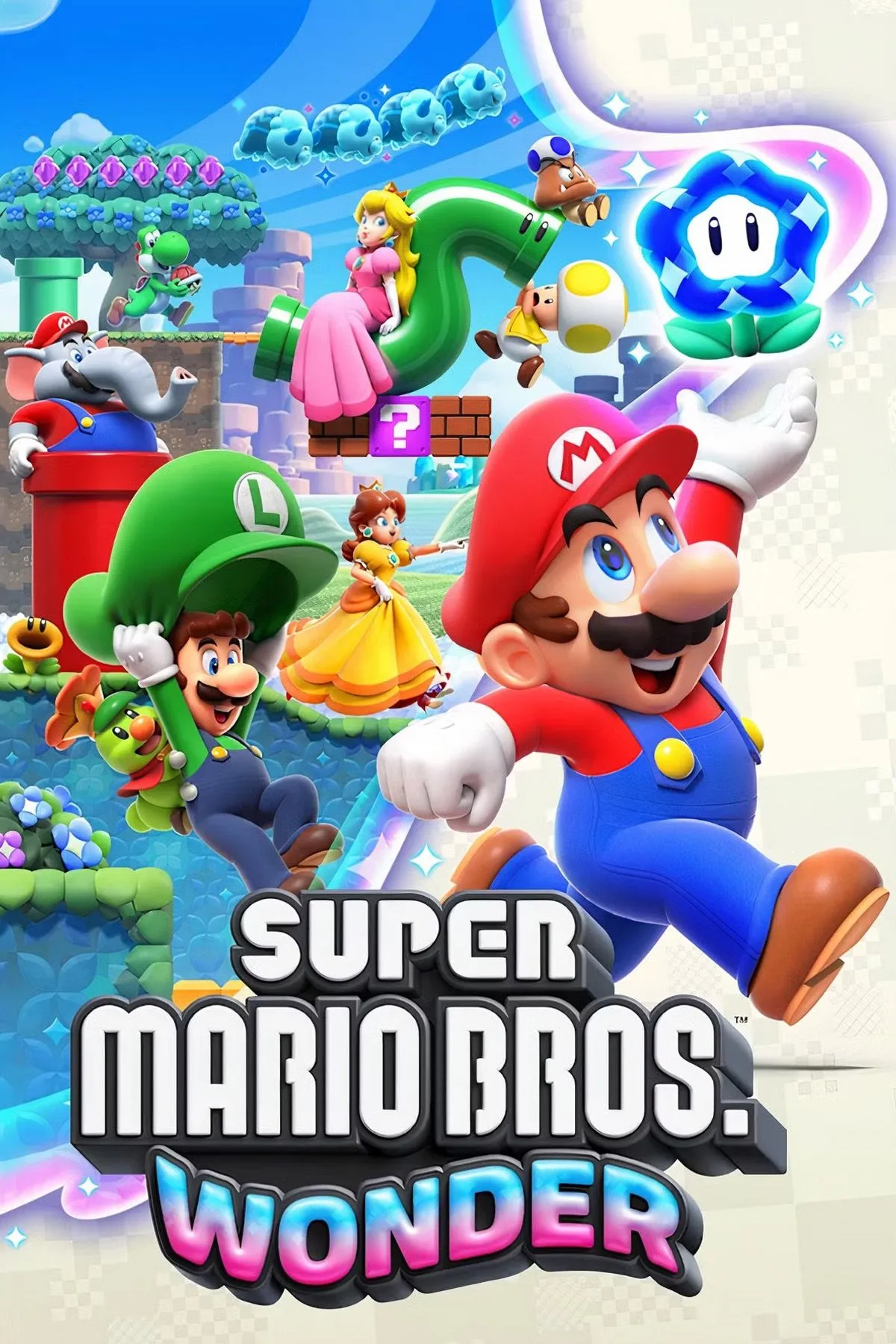 Ảnh bìa game Super Mario Bros. Wonder với nhiều nhân vật Mario và Yoshi